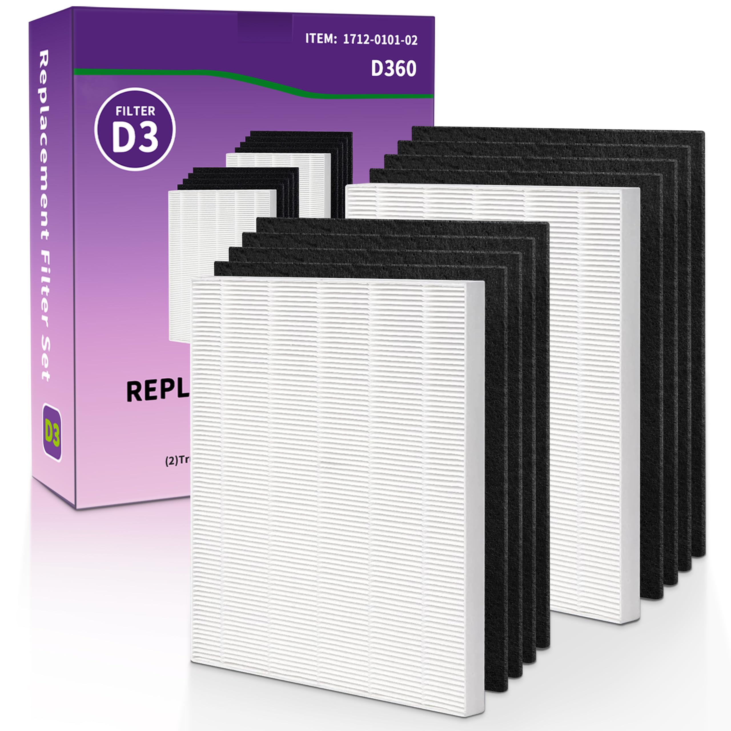 Filtro de repuesto D360 D3 para purificador de aire Winix D360, número de artículo 1712-0101-02. 2 filtros HEPA (H13) verdaderos + 8 prefiltros de carbono