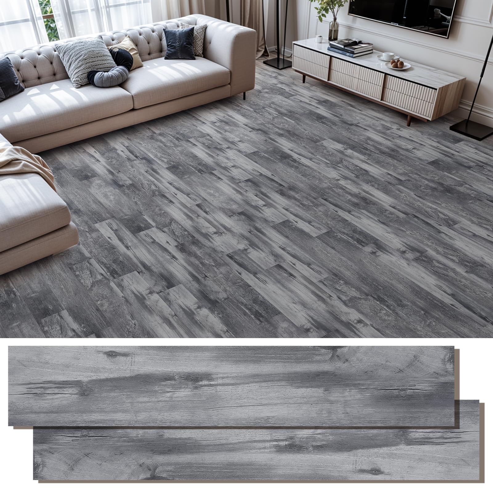 PVC Bodenbelag Selbstklebende Vinylboden Selbstklebend 5,02 m²/36 Stück 91,5 x 15,2cm -Dicke 1.5 mm für Küche Bad Wohnzimmer，Graue Holzkorn