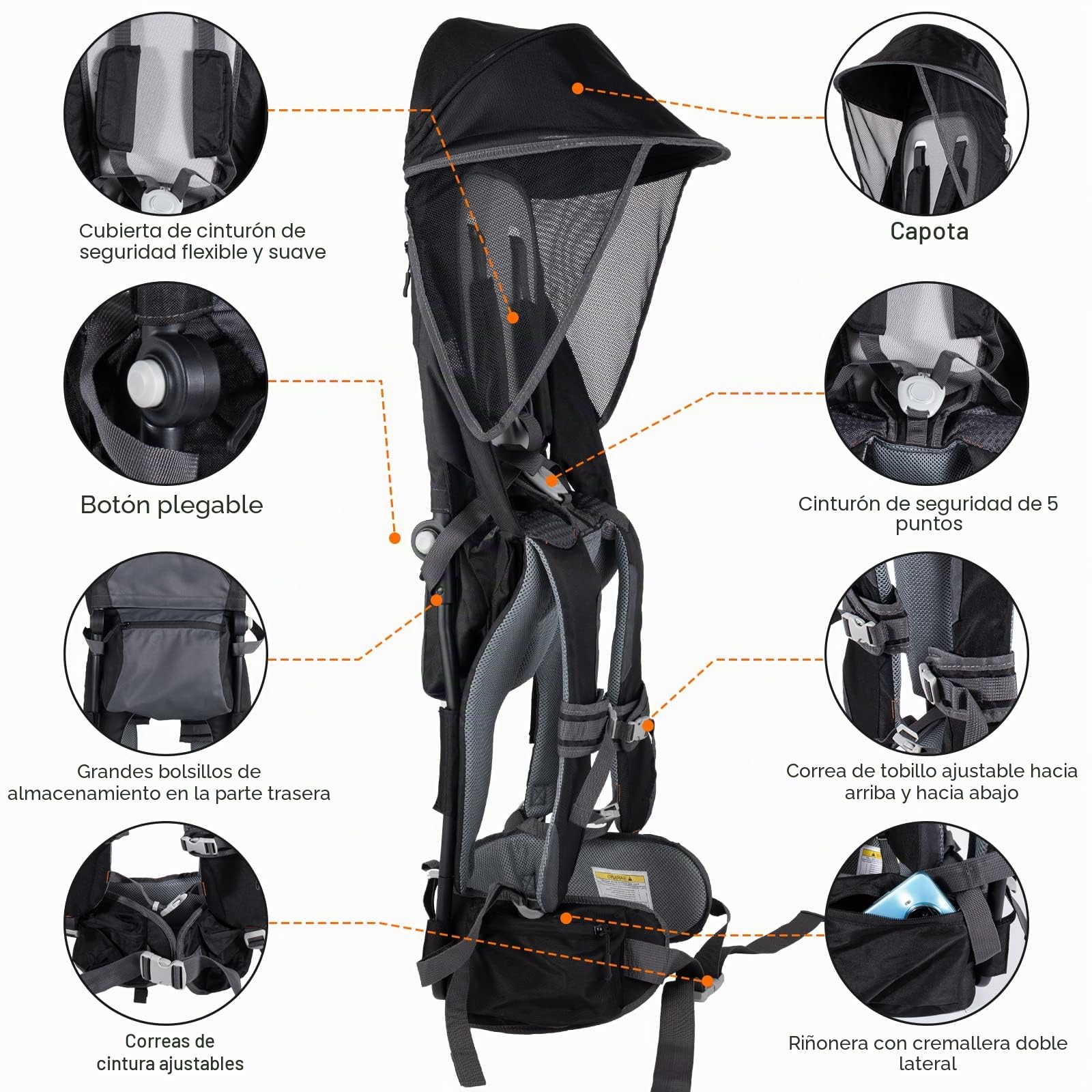 Mochila portabebés para senderismo con cubierta para la lluvia, parasol para respaldo seguro para niños y asiento ergonómico para niños pequeños, soporta 40 libras para niños de entre 6 meses y 3 años