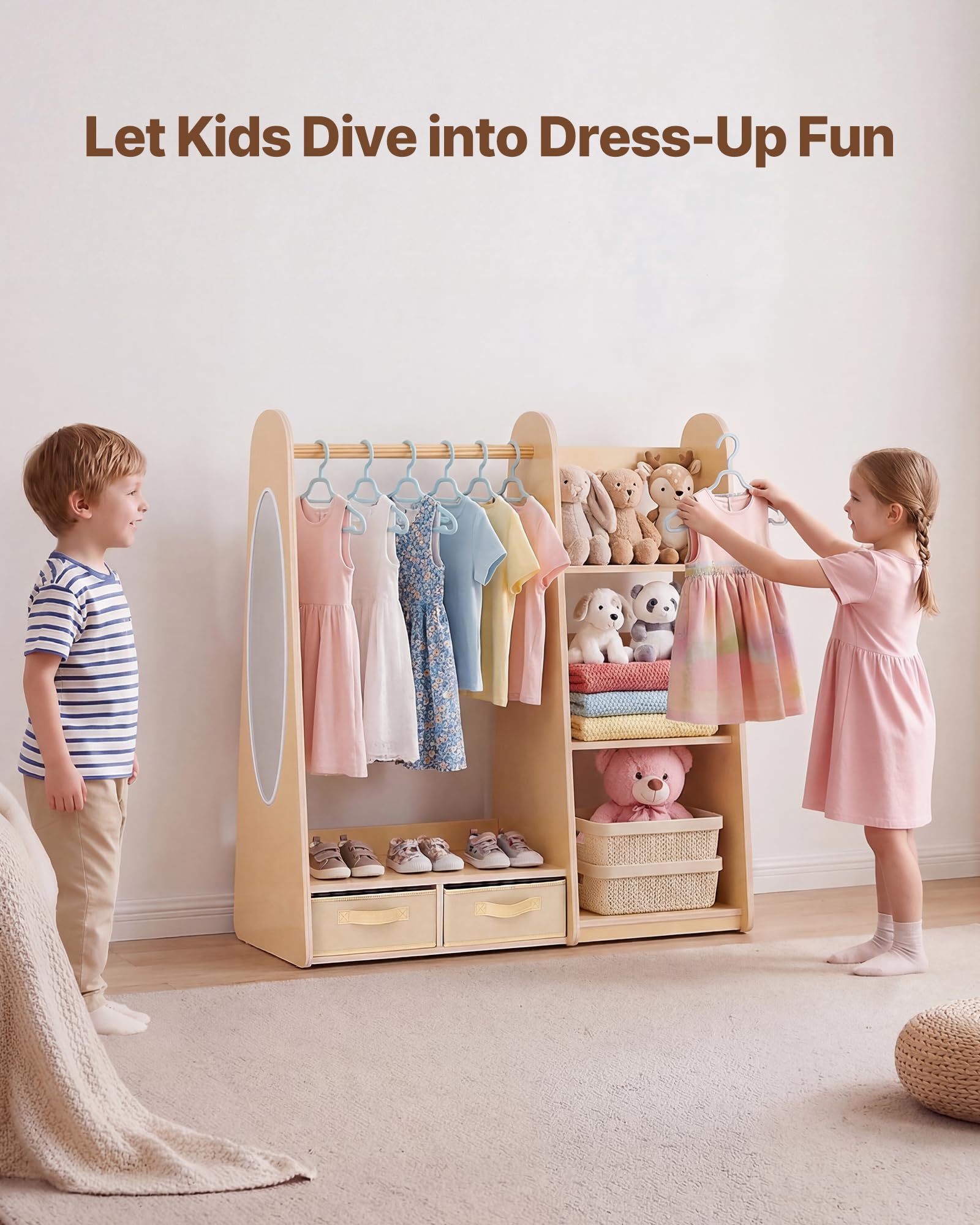 VEVOR Armario de Disfraces para Niños con Espejo, Mueble Montessori de Madera Natural, Perchero Infantil con Estantes, Organizador de Ropa con Compartimentos y Barra para Cuarto de Juegos y Dormitorio
