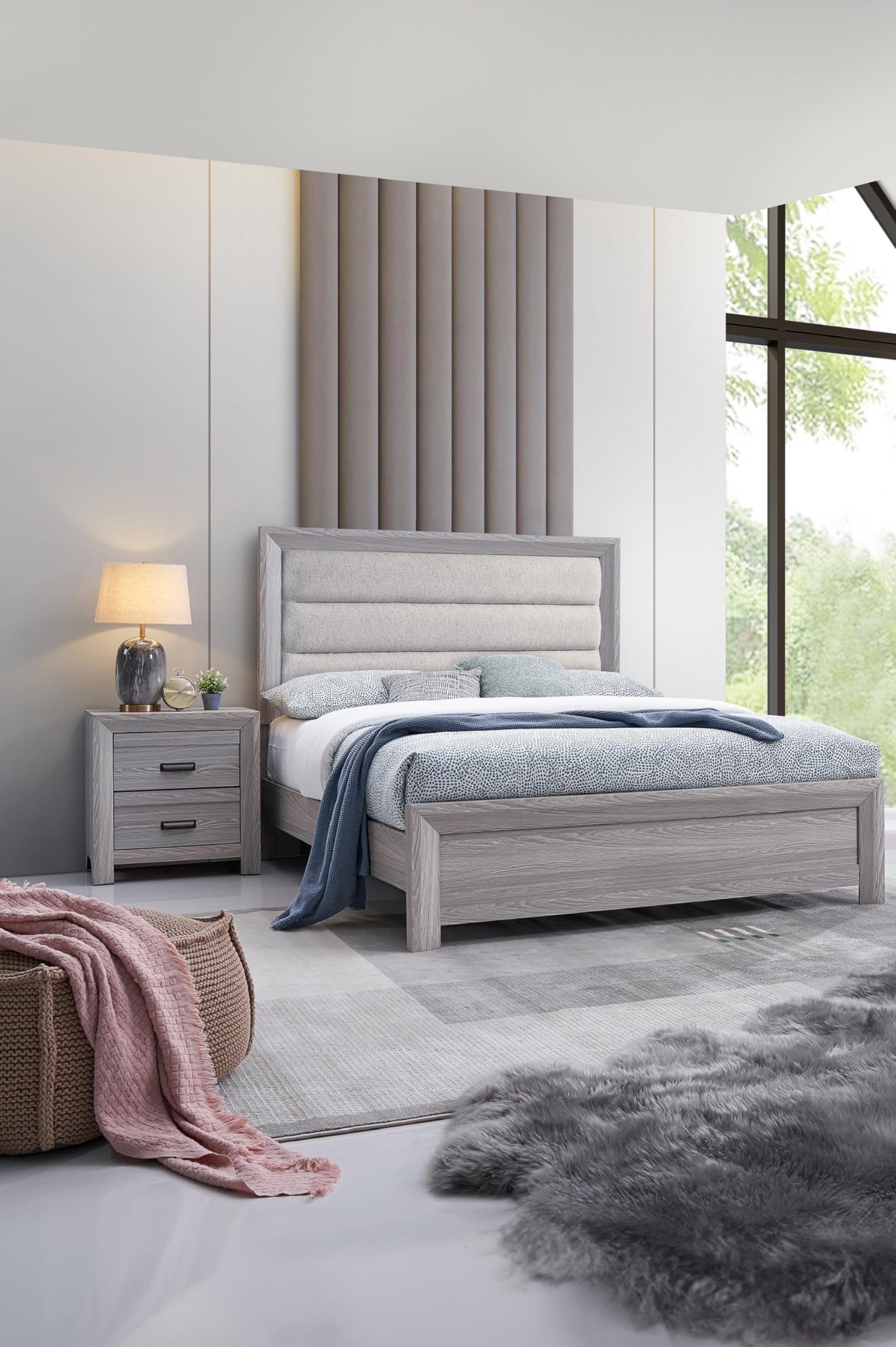 3pc King Size Drift Wood Grey Finish Upholstered Channel Tufted Panel Bed Nightstands Set Wooden Bedroom Furniture Contemporary