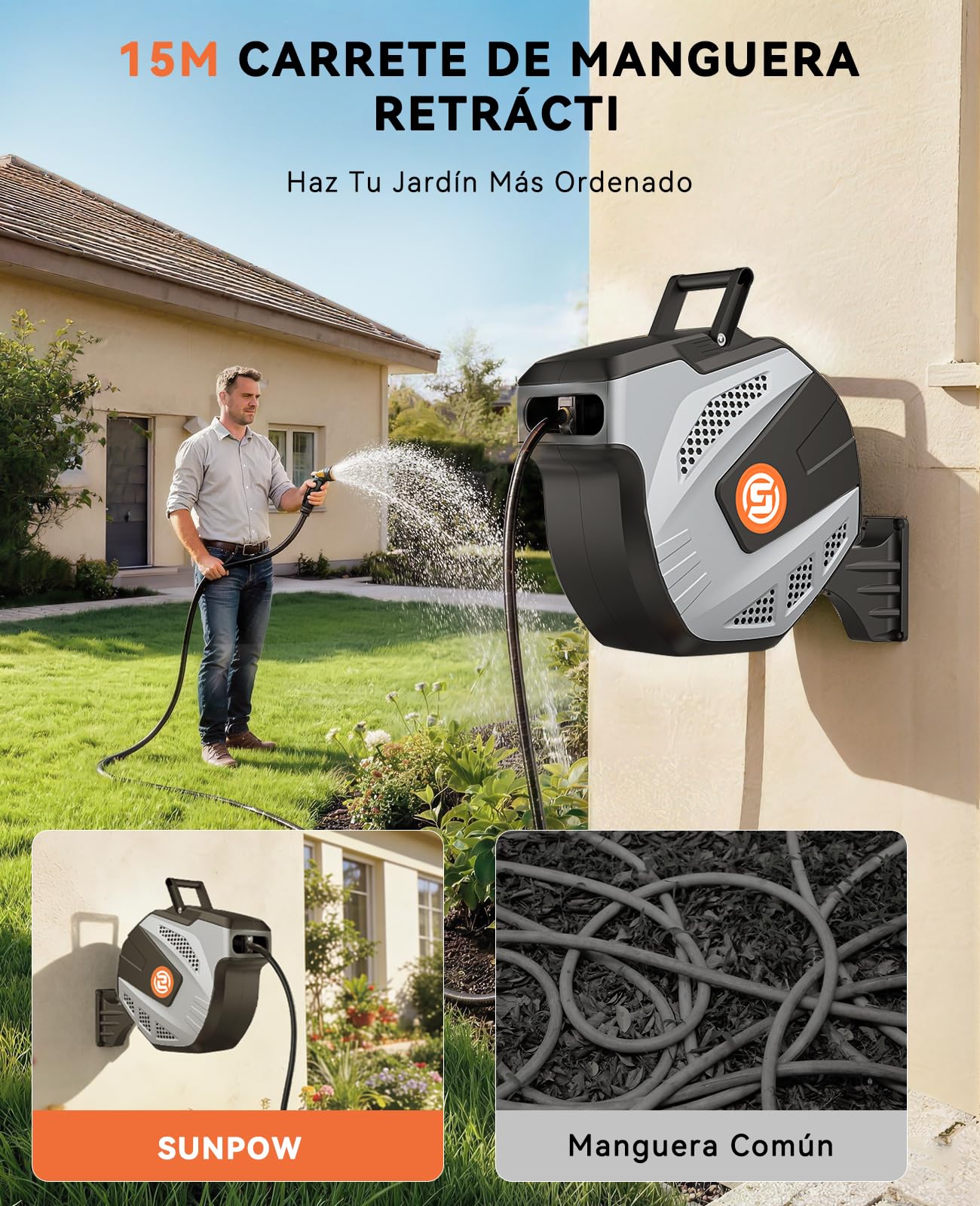 SUNPOW Enrollador Manguera Jardin de 15M, Manguera Enrollable con 10 Modos de Pulverización, Retracción Automática, Bloqueo de Longitud, Base de Pared 180° Giratorio