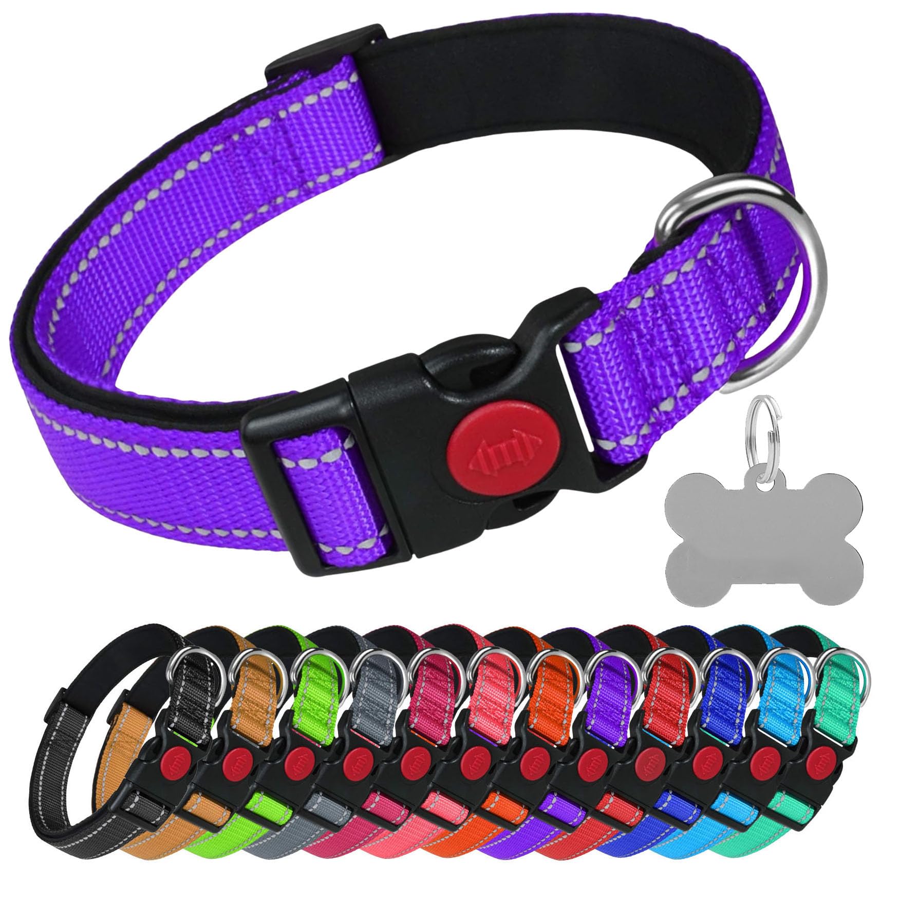 LARRYROO Reflective Dog Soft Padded Nylon Collar | Slide Lock Safety Buckle | Fully Adjustable With Personalised Engraved Silver Bone Shaped Tag (Purple, Extra Large (45cm - 70cm Neck))