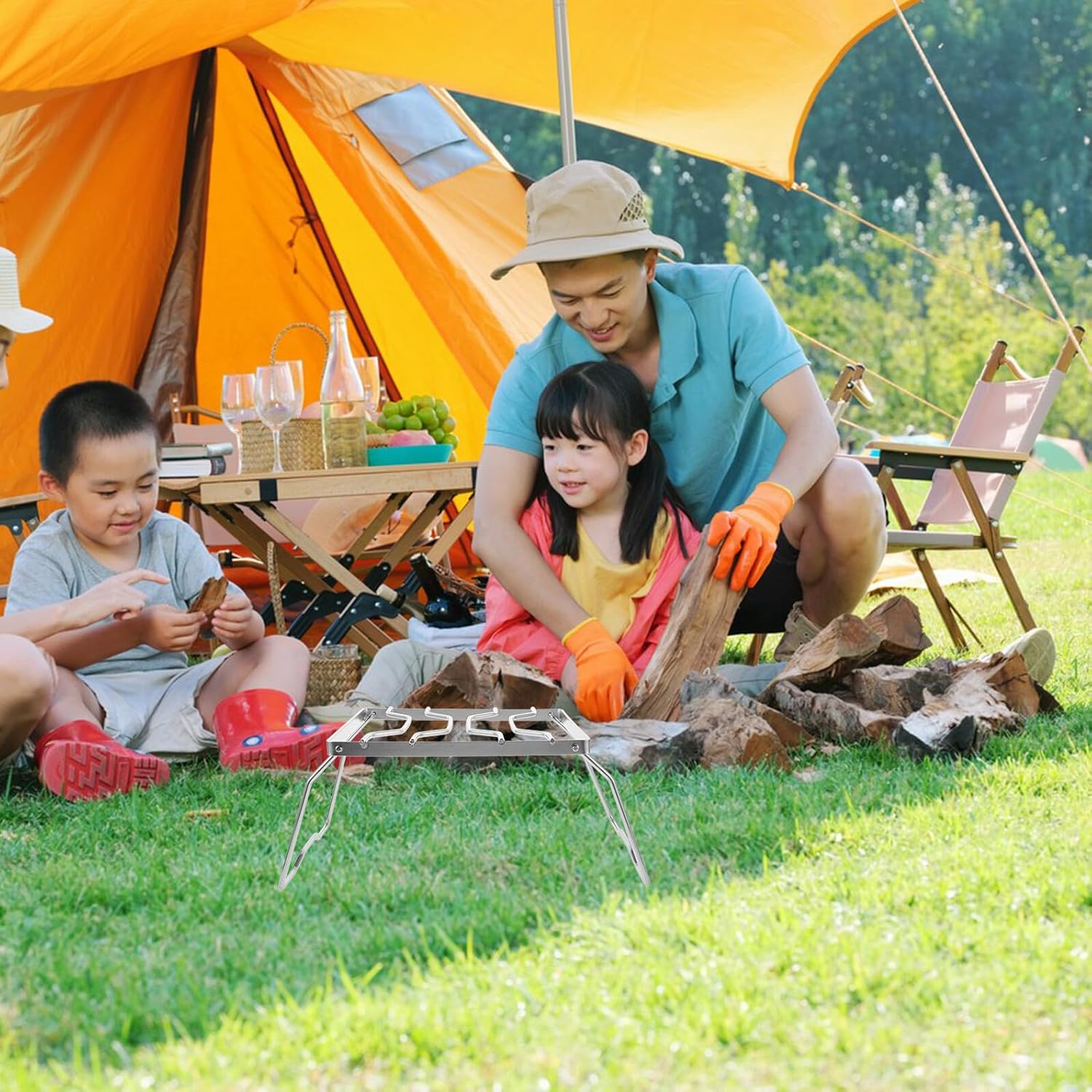 Portable Folding Stainless Steel Barbecue Grill Stand Camping Fire Pit Rack Multifunctional Outdoor Picnic Camp Kitchen Cooking Accessory