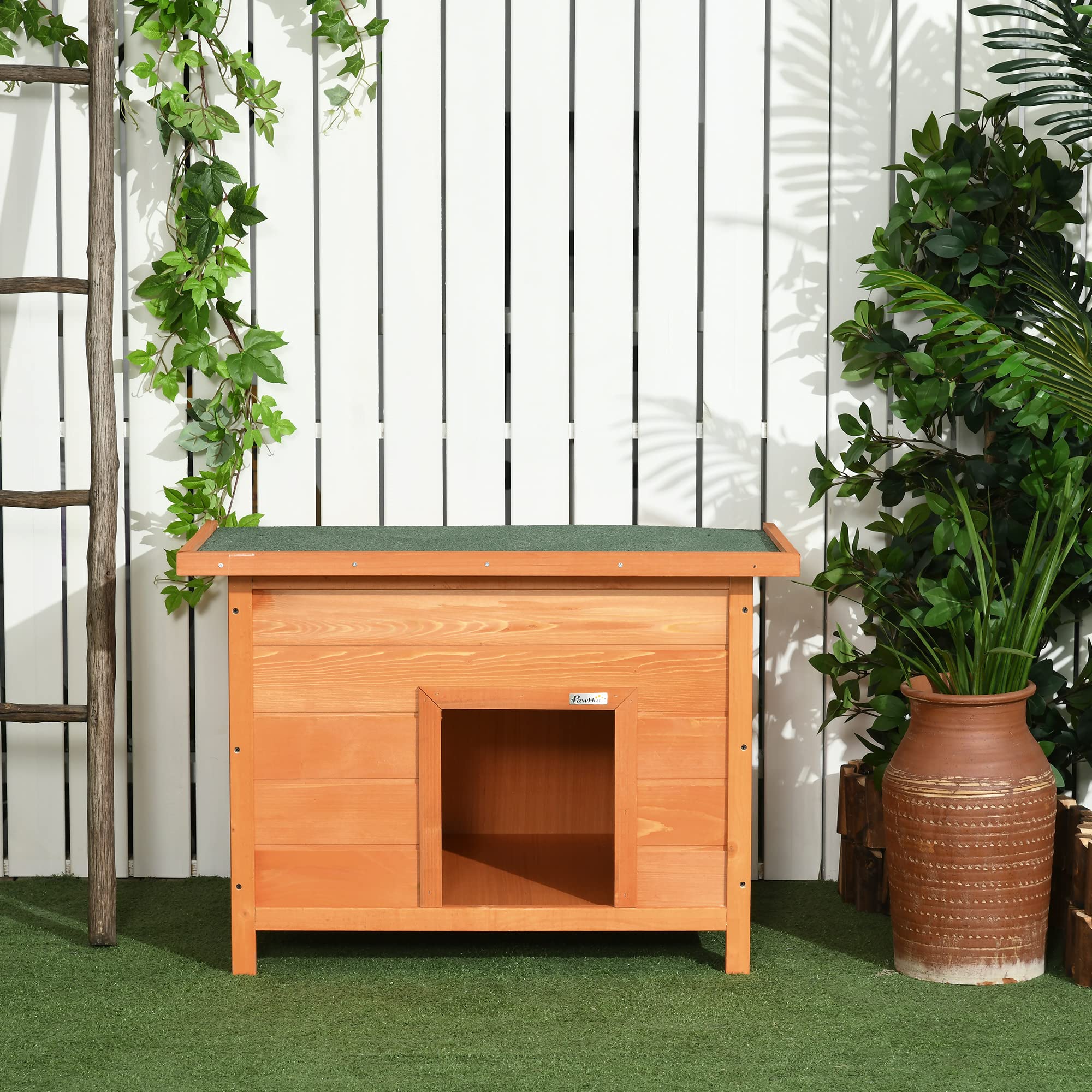 PawHut Hundehütte Outdoor, Hundehaus aus Holz mit Aufklappbares Asphaltdach, wasserdichte Hundehöhle mit Erhöhter Boden Hütte für kleine Hunde, Gelb, 82 x 58 x 58 cm