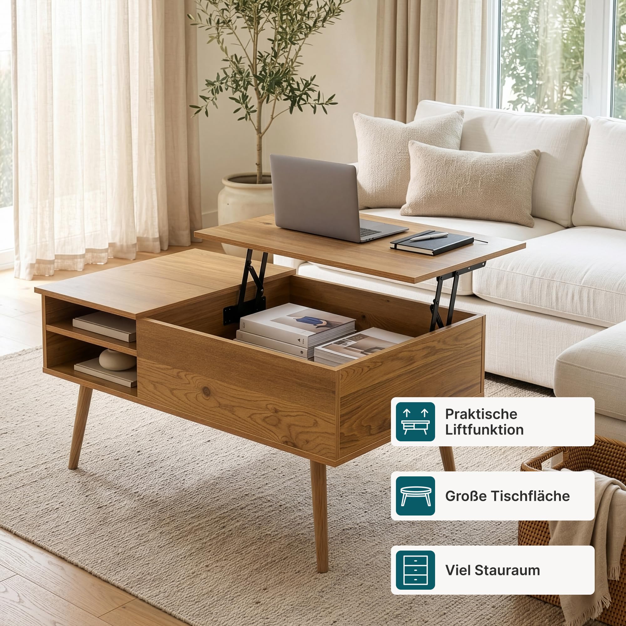 [en.casa] Couchtisch Vasdabod mit Liftplatte 96x59x50 cm Eicheoptik | Couchtisch mit Stauraum, höhenverstellbar, Beistelltisch, Wohnzimmertisch, Sofatisch, rechtekig, 2 offene Ablagefächer