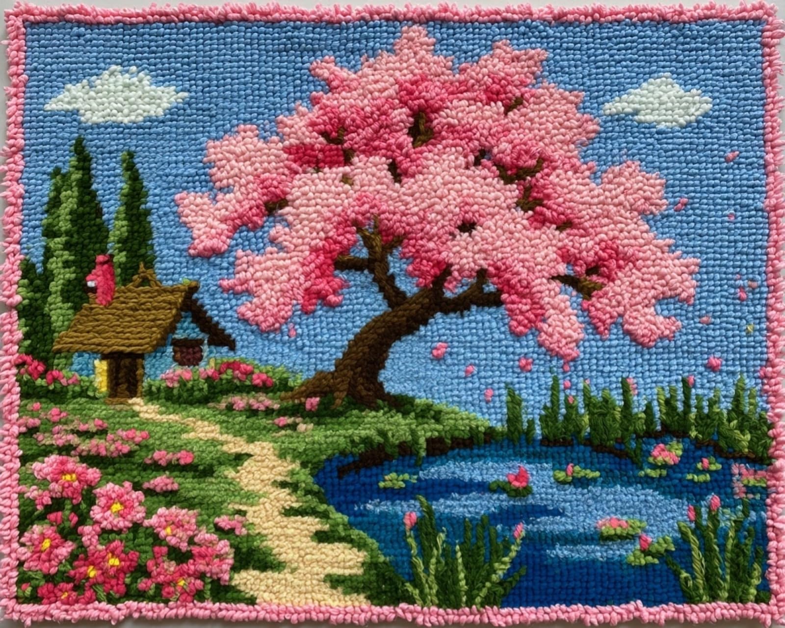 Wallphantom Cherry Blossom Trees By The Pond Latch Hook Rug Kits For Adults Beginners,
