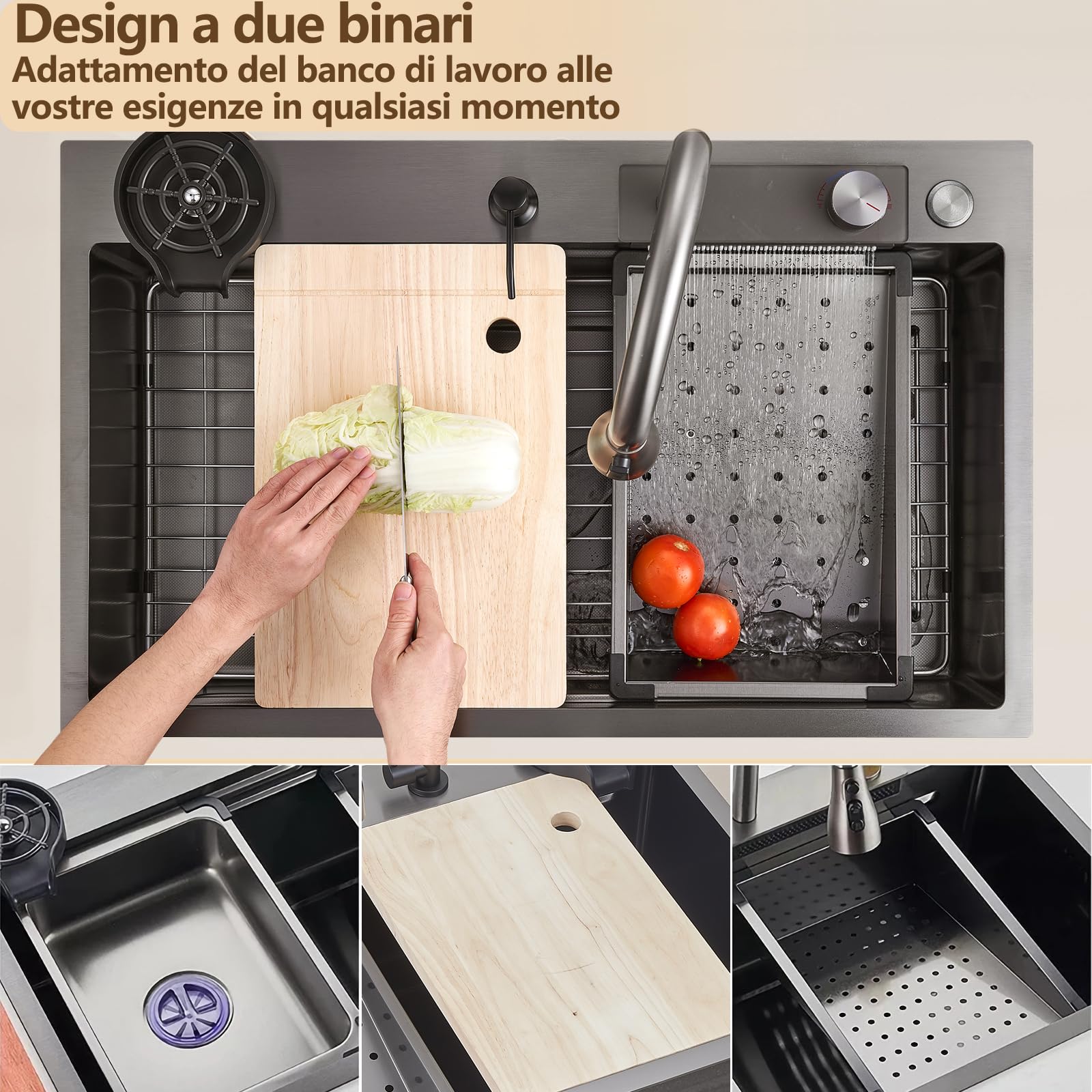 Lavello Cucina 1 Vasca 66 x 50 cm, Grigio Scuro Lavello in Acciaio Inox Lavello Cucina Multifunzionale in Stile Contemporaneo Con set completo di accessori Adatto per bar, balcone, cucina (66 * 50cm)