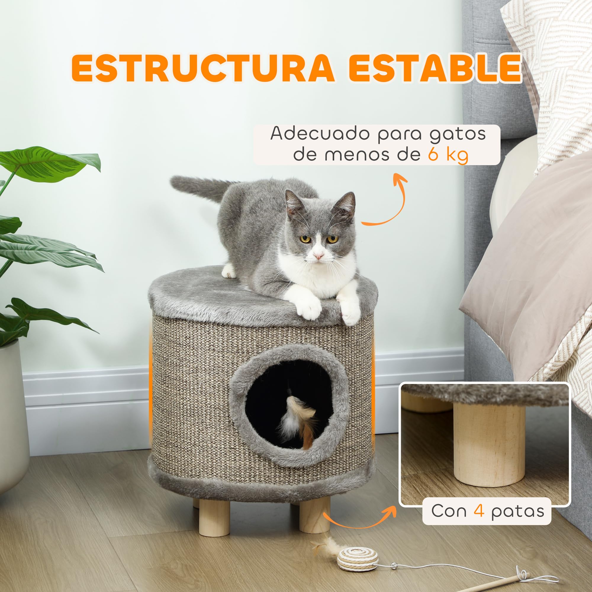 PawHut Casa para Gatos 3 en 1 Taburete, Reposapiés, Cama para Gatos con Rascador, Patas de Madera y Pluma Colgante, Cueva para Interior, 36x36x38 cm, Gris