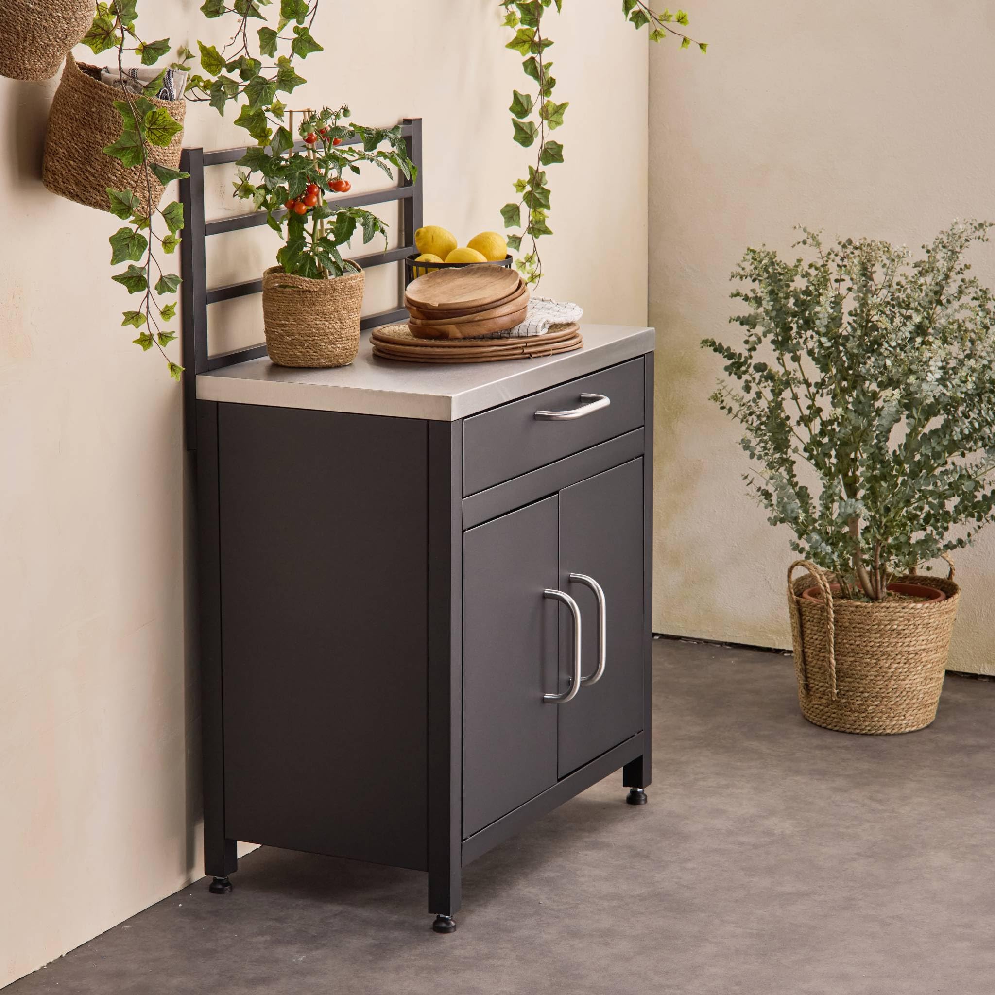 sweeek - Meuble de cuisine extérieure en acier avec 1 tiroir et 2 portes et 1 grille de suspension L80