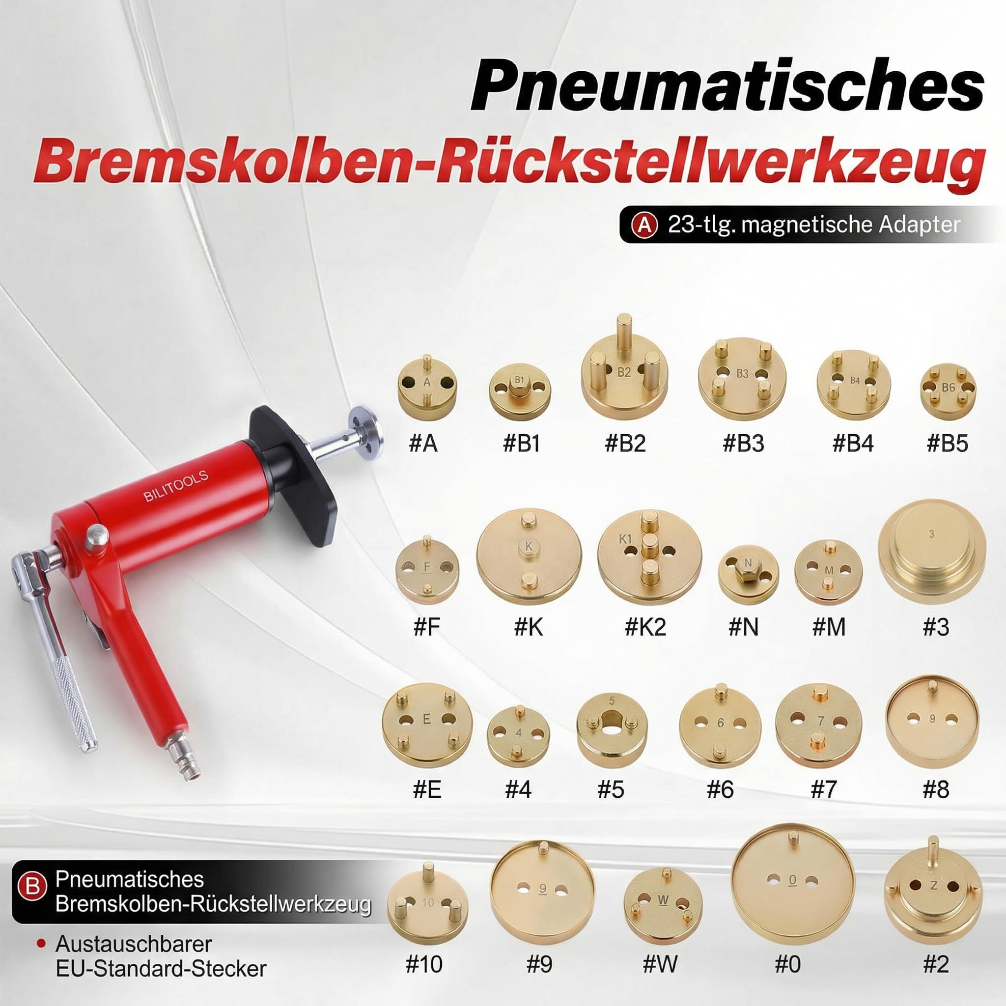 BILITOOLS 24-TLG. Druckluft Bremskolbenrücksteller Set – Pneumatisches Bremssattel Rückstellwerkzeug – Universal Bremsenrücksteller & KFZ Werkzeug Set für Auto