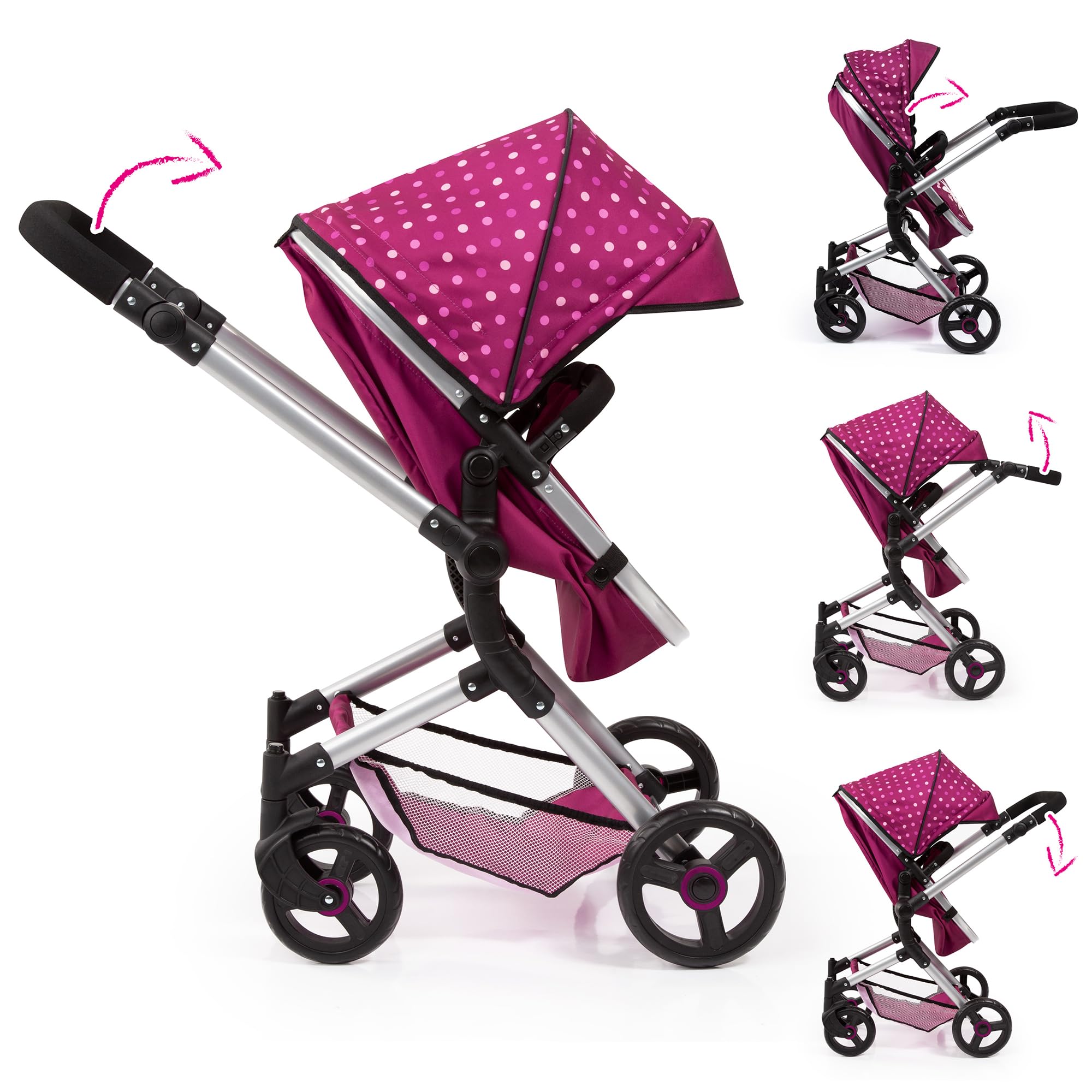 Bayer Design Neo Vario doll's pram with bag, convertible, adjustable, Bordeaux With Fairy, 79 x 42 x 86 cm - Image 6