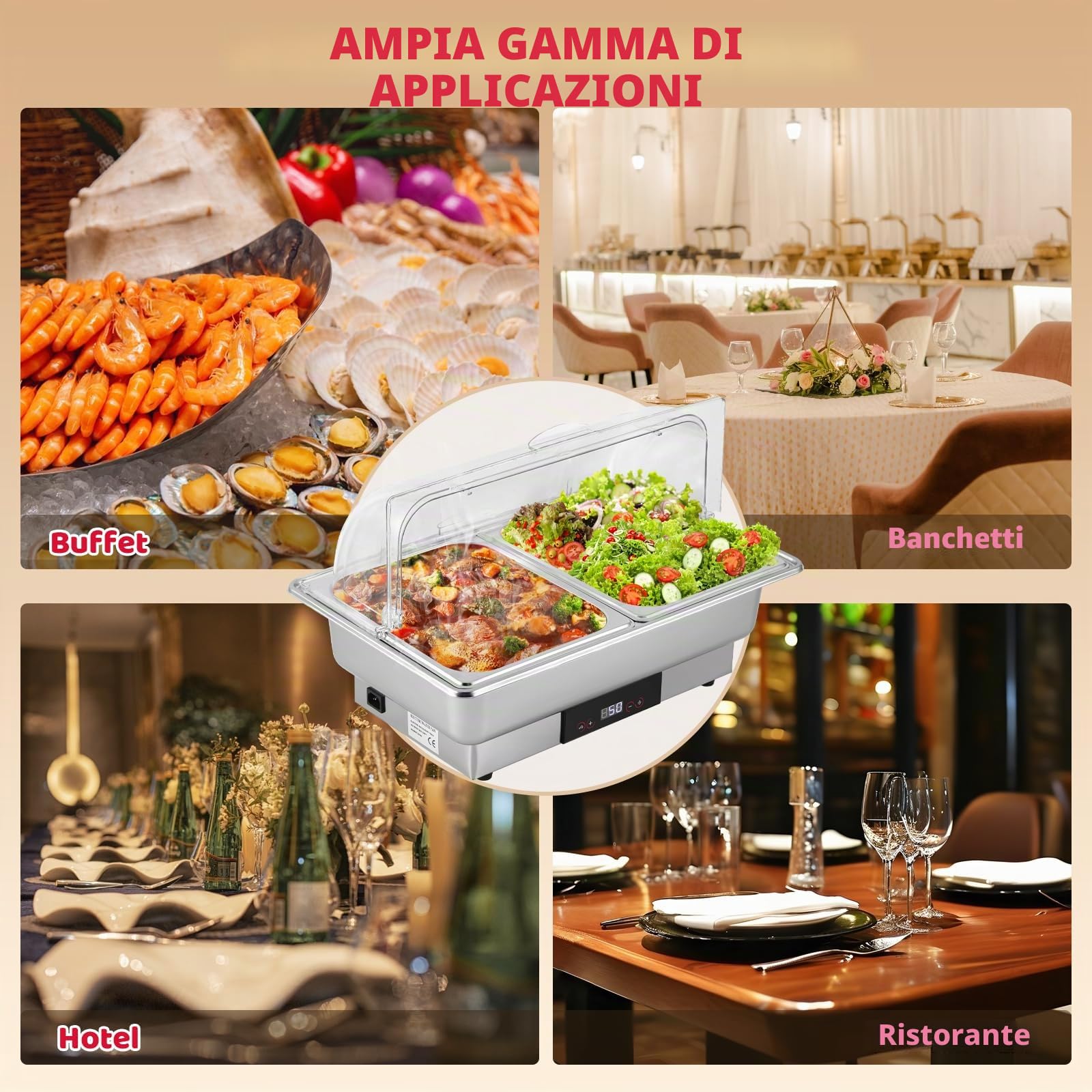 YUCHENGTECH Chafing Dish Buffet Elettrico In Acciaio Inox 9L | Con Regolazione della Temperatura e Coperchio Trasparente, per Catering, Matrimoni, Ristoranti