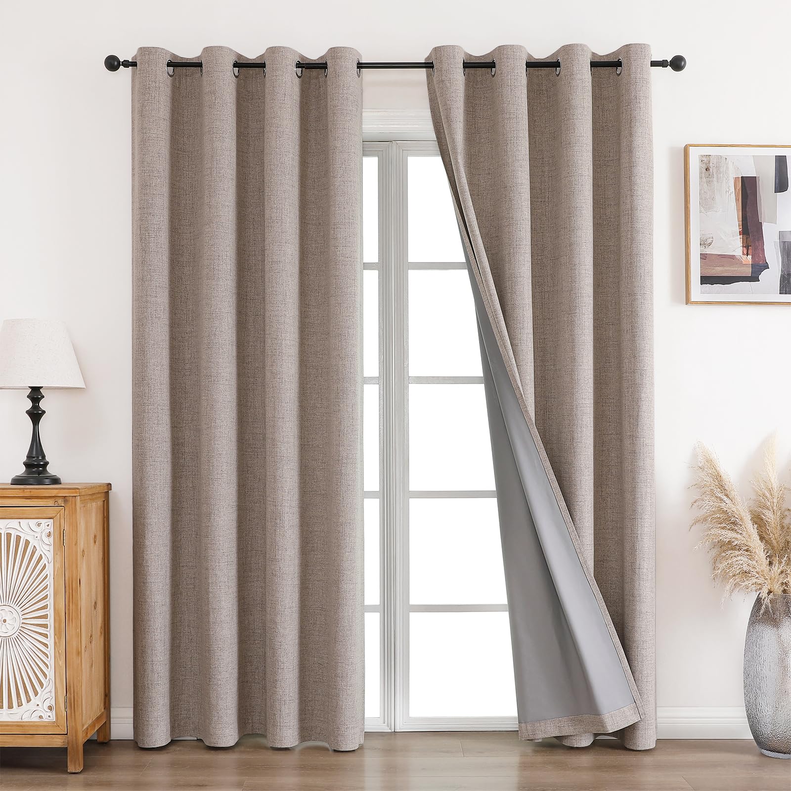 CUCRAF 100% Blackout Curtains Linen 84 Inch Drop 2 Panels Soft Texture Sun Blocking Thermal Eyelet Curtains for Bedroom Living Room 52 X 84 Inch