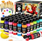 40 PCS Acrylic Paint Set with 12 Brushes, 2 Knives, Palette & Sponge, 24 Colors (2oz/60ml) Art Craft Paint for Beginners Professionals Hobbyists on Halloween Pumpkin Canvas Ceramic Rock