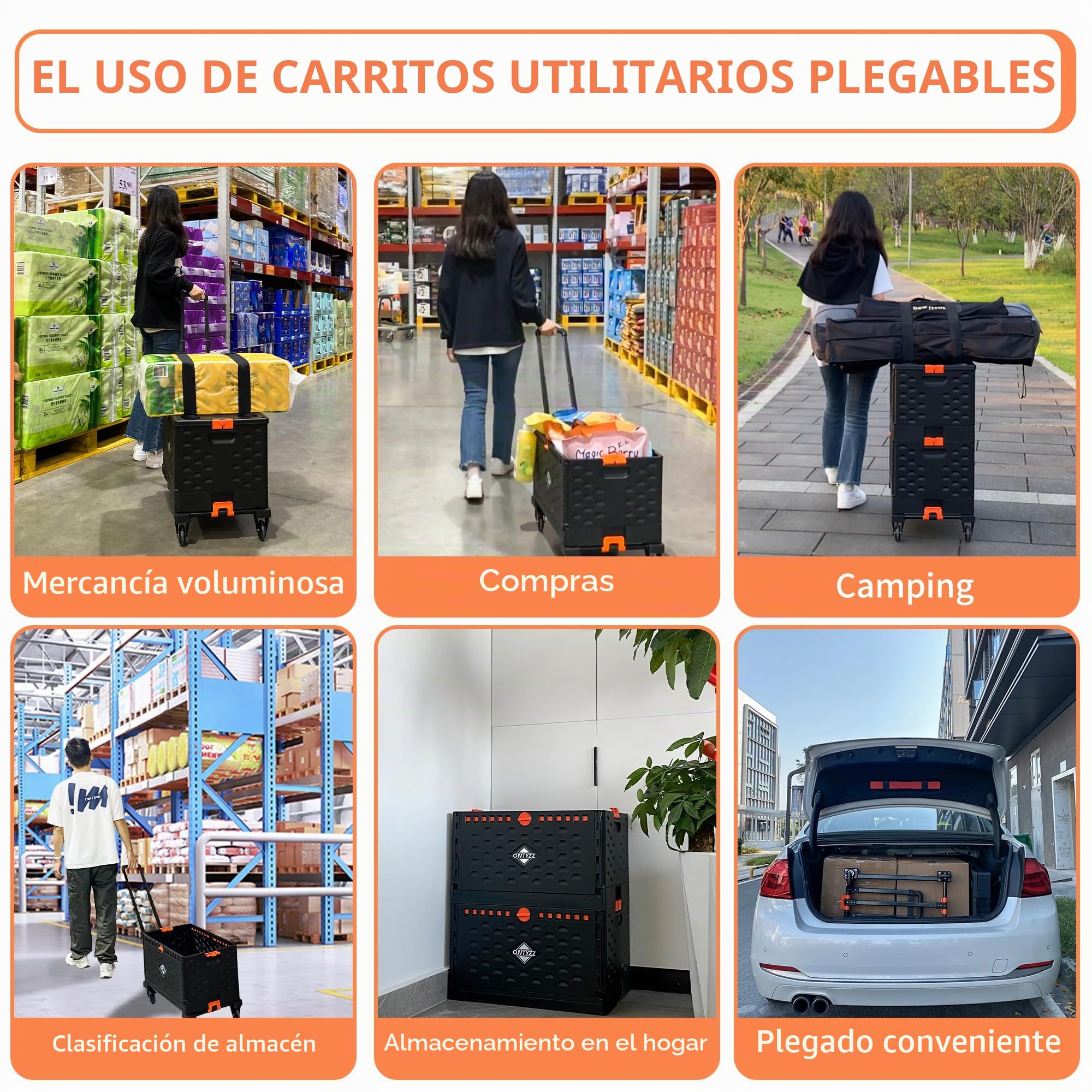 Carrito de la Compra Carro Utilitario con Una Caja de Almacenamiento Plegable Separada 60L Gran Capacidad Carro de Mano Plegable con Ruedas de Goma con Freno Giratorias en 360°y Tapa Carro Compra