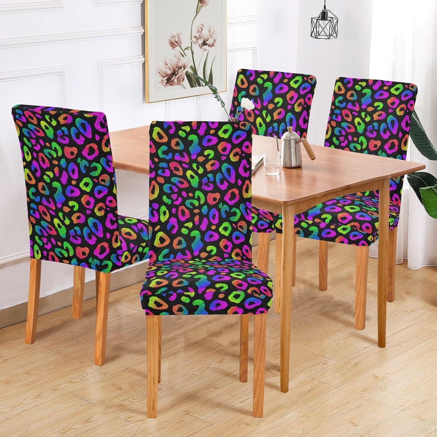 ALAZA Chair Covers for Dining Room, Leopard Cheetah Print Neon Rainbow Stretch Chair Cover Sets Chair Protector Removable Washable for Ktichen Restaurant Hotel