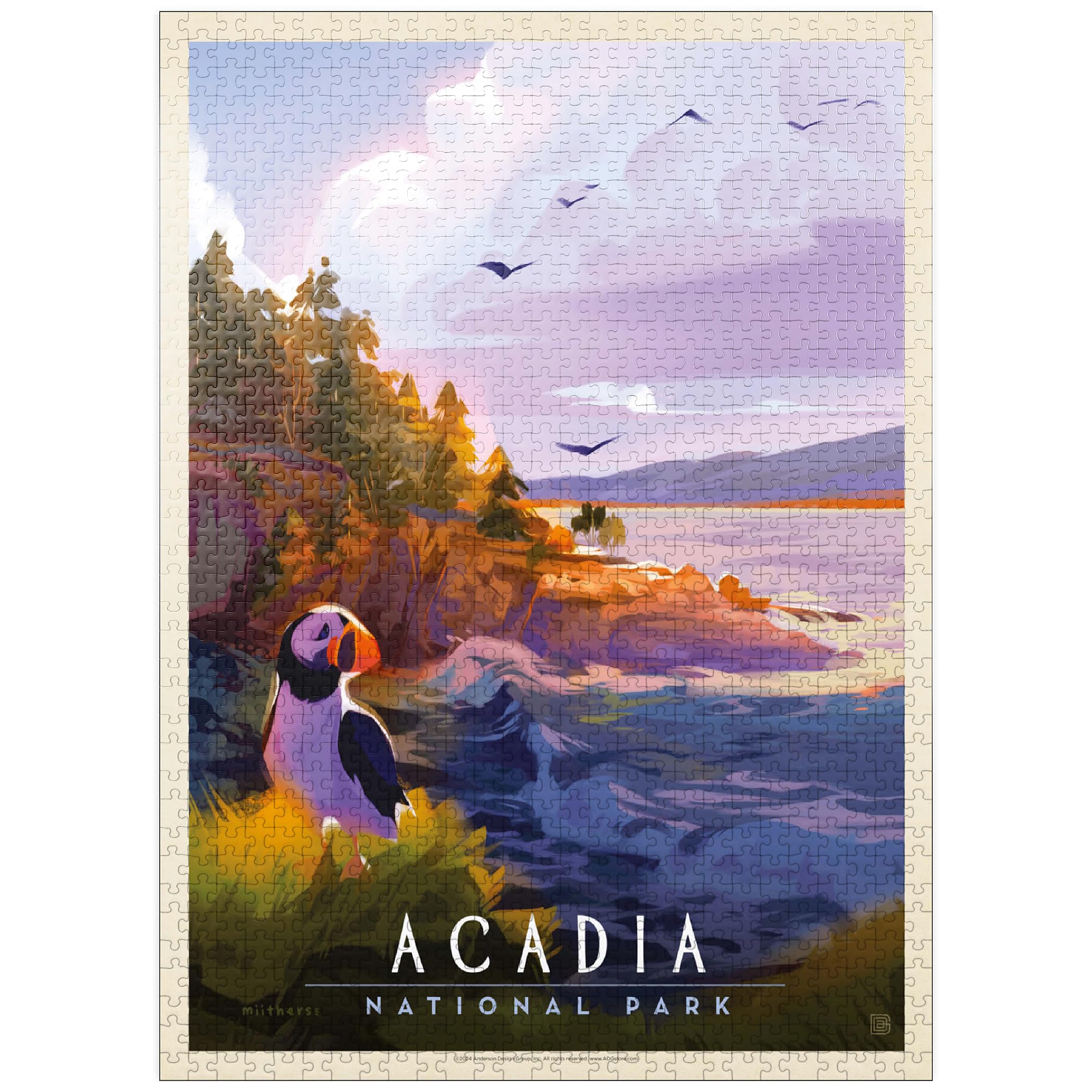 MyPuzzle Acadia National Park: Puffin Paradise, Vintage Poster - Premium 1000 Piece Jigsaw Puzzle for Adults