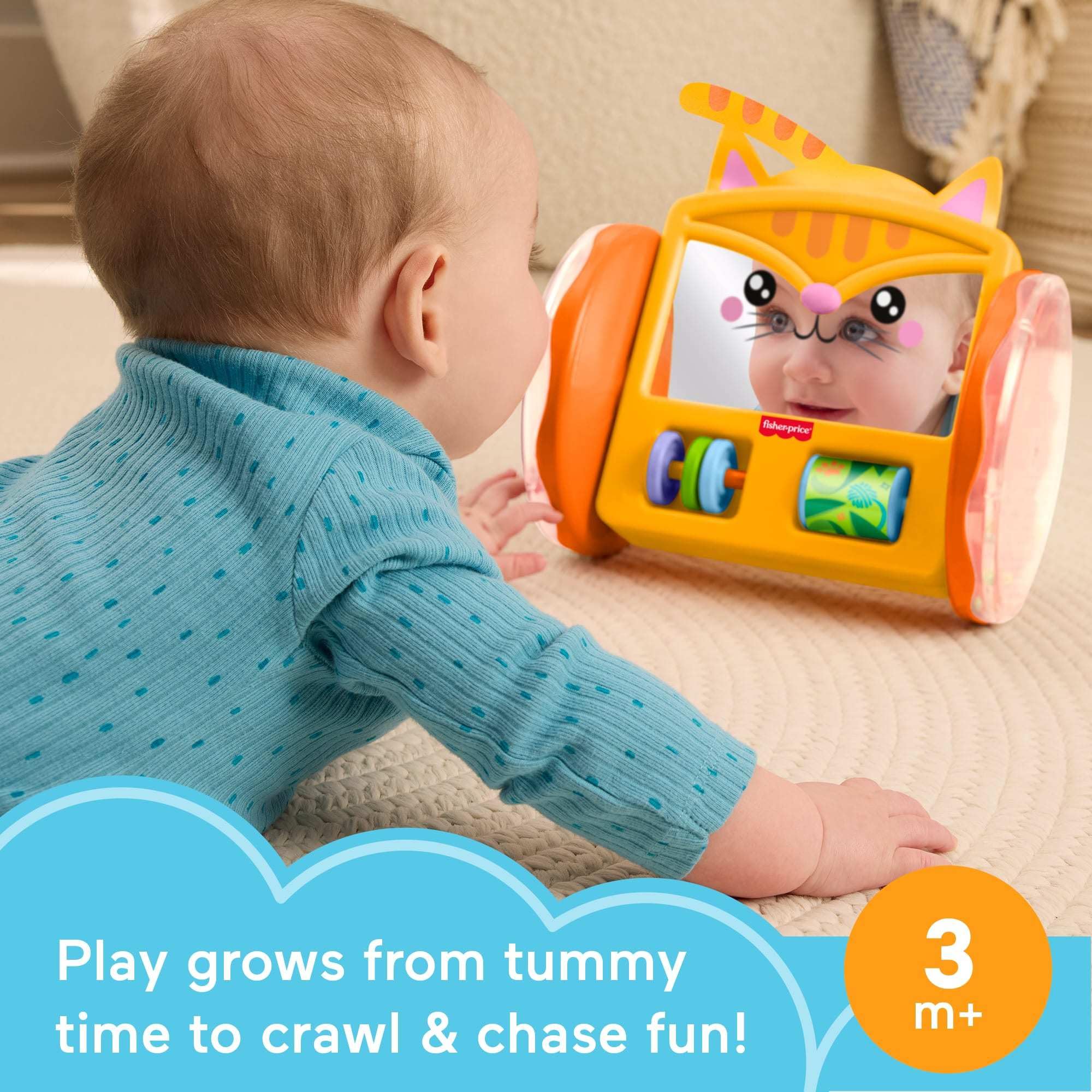 Fisher-Price Baby Toy FP Pets Crawl-After Kitty Lustro dla niemowląt, czas brzucha i aktywność obserwacyjna dla dzieci od 3 miesiąca życia