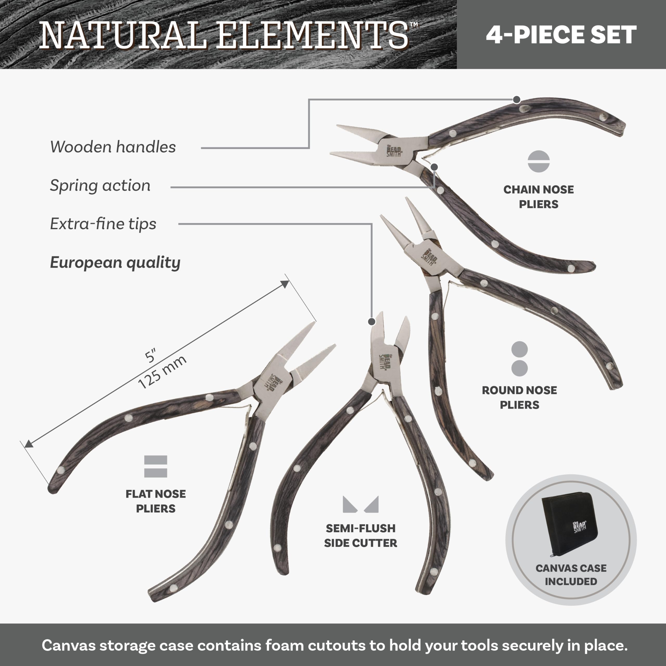 The Beadsmith Natural Elements - Set di 4 pinze per la creazione di gioielli, con naso a catena, naso rotondo, naso piatto, taglierina laterale e custodia per il trasporto in tela