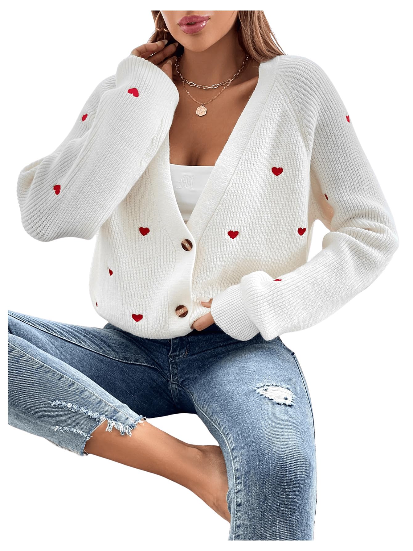 GORGLITTER Cárdigan de punto para mujer, abrigo de punto informal, suéter para exteriores, chaqueta fina, suéter con bordado de corazón
