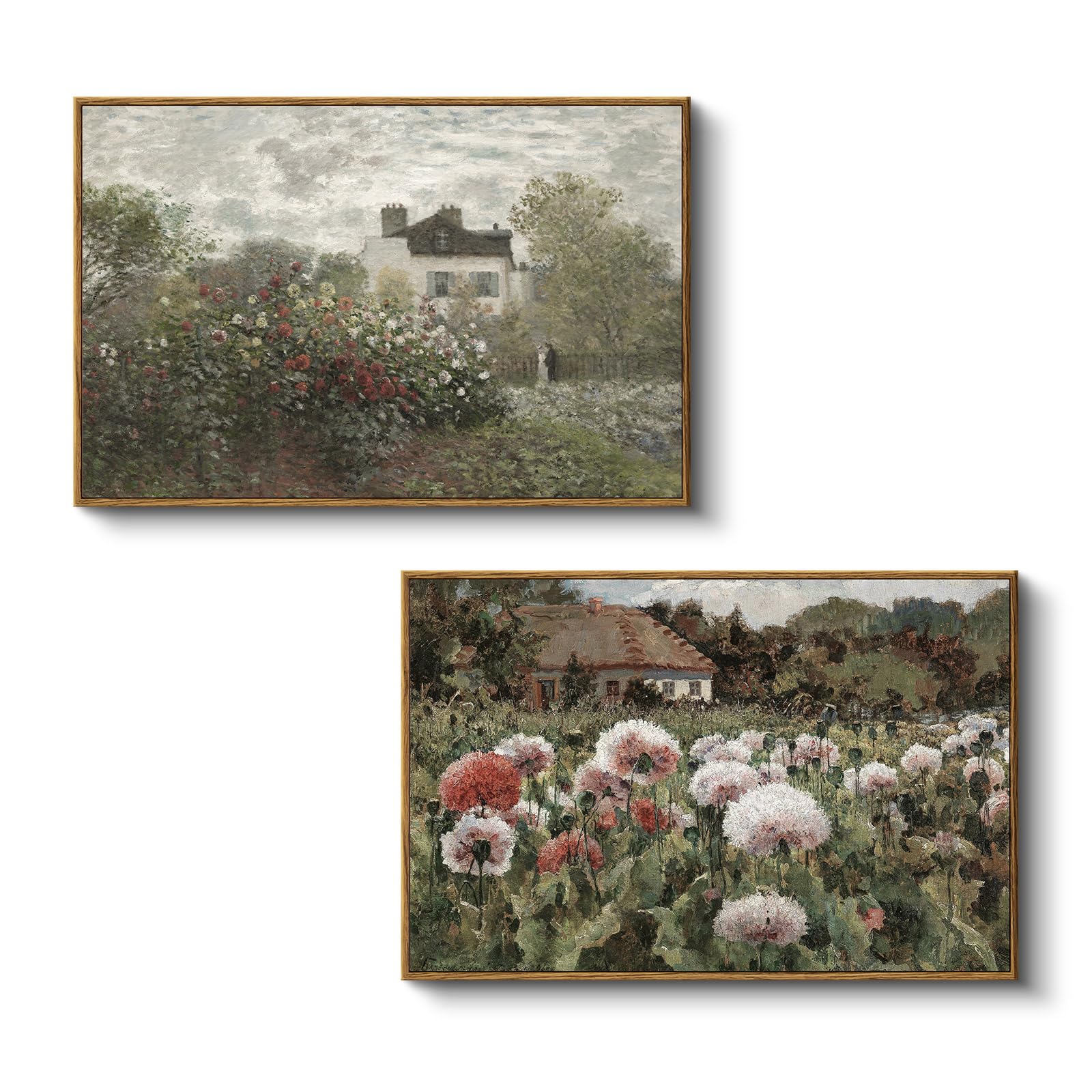 InSimSea Two Vintage Framed Large Wall Art Artwork, Blossoming Poppies and The Artist's Garden Paintings Home Decor, Canvas Prints, Retro Floral Pictures for Bedroom Living Room,16x24inch,Set of 2