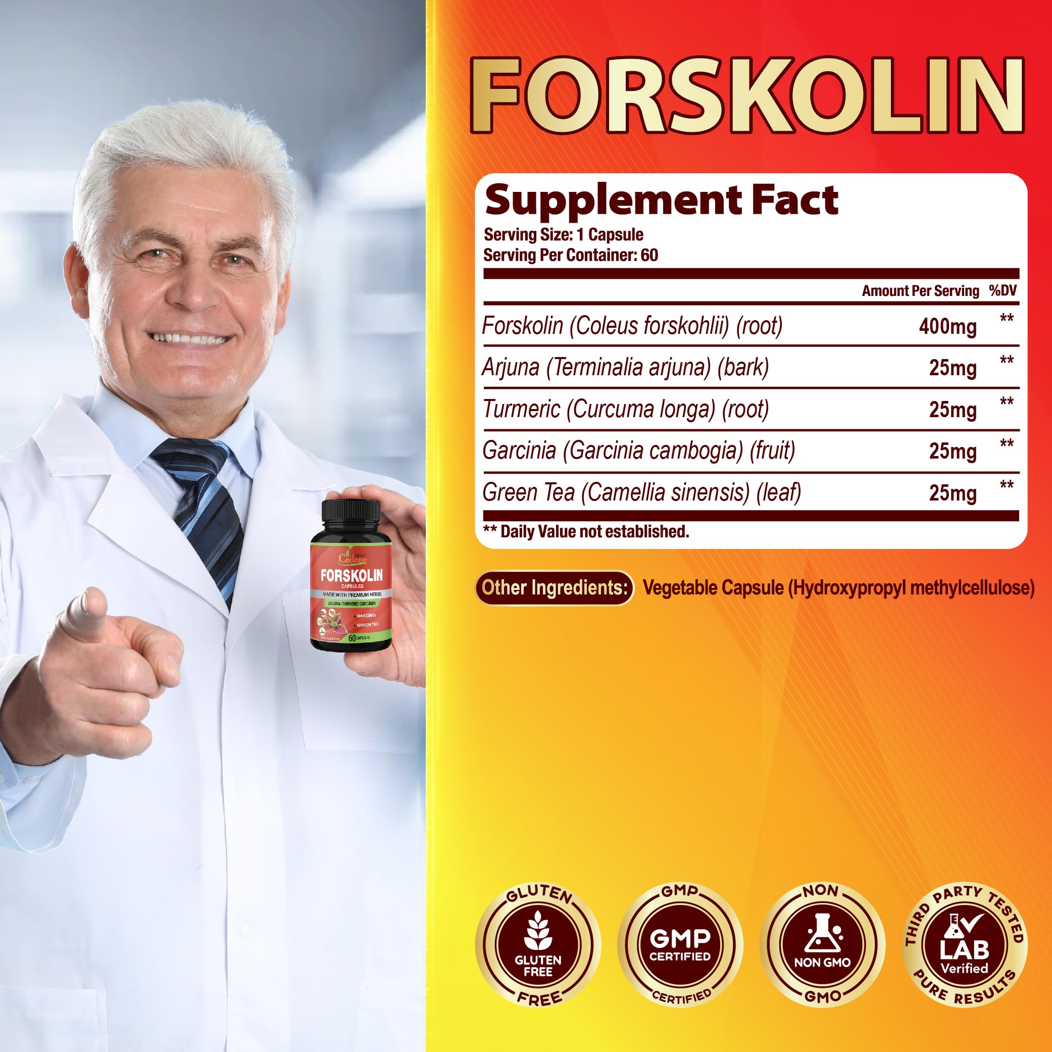Cadane 2 Packs Forskolin Supplements Capsules & Turmeric, Arjuna, Garcinia Cambogia, Green Tea - Maximum Strength Coleus Forskohlii Extract - Support Immune System - 4 Months Supply — Amazon image 3