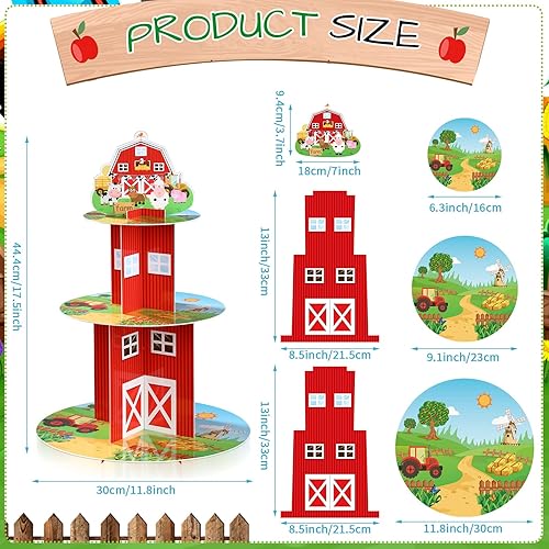 Miniatura 9 de Zopeal Soporte para cupcakes de granja, bandeja de animales de granja rosa de 3 niveles, bandeja para servir alimentos, cartón resistente, redonda,