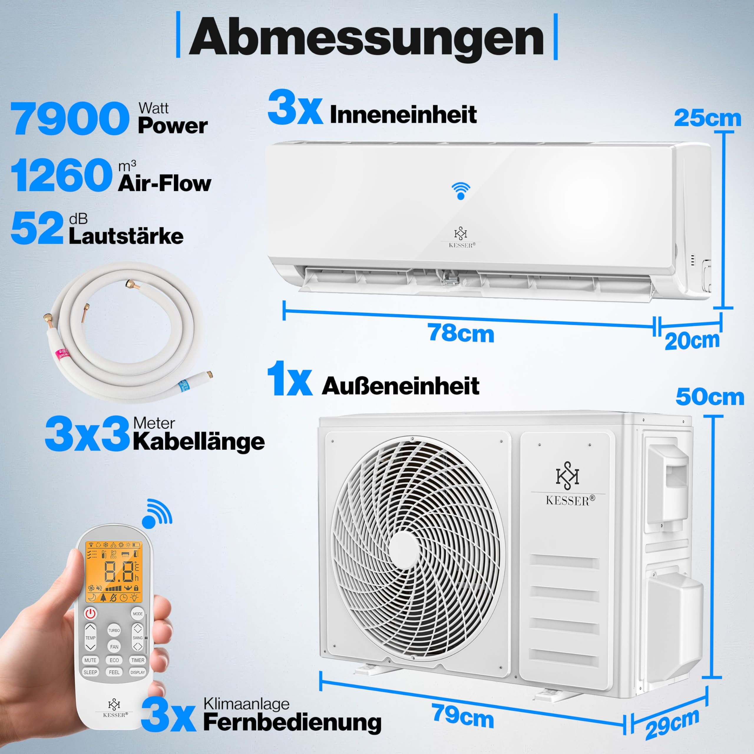 KESSER® Multisplit klimatyzator typu split, 3 urządzenia wewnętrzne, 27000 BTU, zestaw klimatyzacji typu split z WiFi / aplikacją, ogrzewanie i chłodzenie, inwerter, tryb ekologiczny, osuszacz