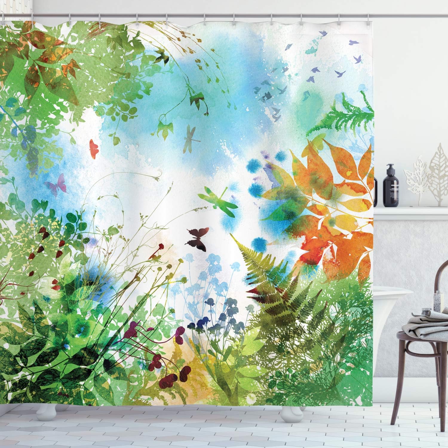 Ambesonne Dragonfly Shower Curtain, Ferns Petals Flourishing Nature Fantasy Complex Mixed Digital Watercolors, Cloth Fabric Bathroom Decor Set with Hooks, 69" W x 75" L, Fern Green Soft Blue Apricot