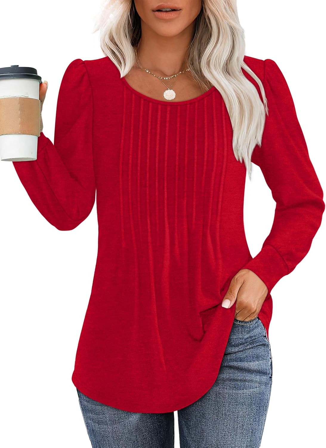OFEEFAN Long Sleeve Shirts for Women Fall Tops Dressy Casual Blouses Pleated Scooped Neck Tunic Tops for Leggings OFEEFAN Long Sleeve Shirts for Women Fall Tops Dressy Casual Blouses Pleated Scooped Neck Tunic Tops for Leggings
