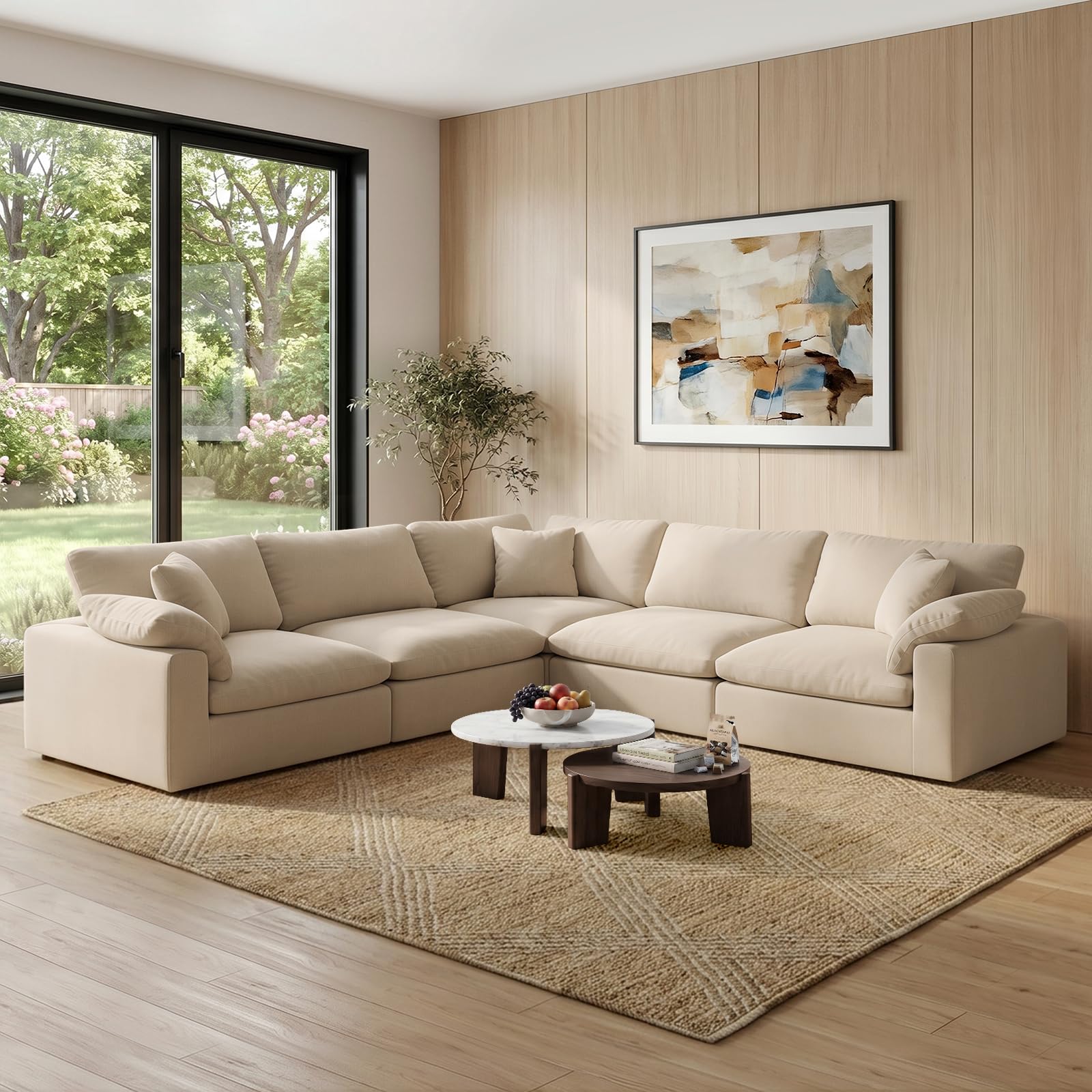 211.6" Cloud Modular Sectional Sofa,Khaki Down Filled Sofa 5 Seat,Minimalist Sofa Cover Washable and Replaceable Couches for Living Room,Sectional Sofa Deep Seat