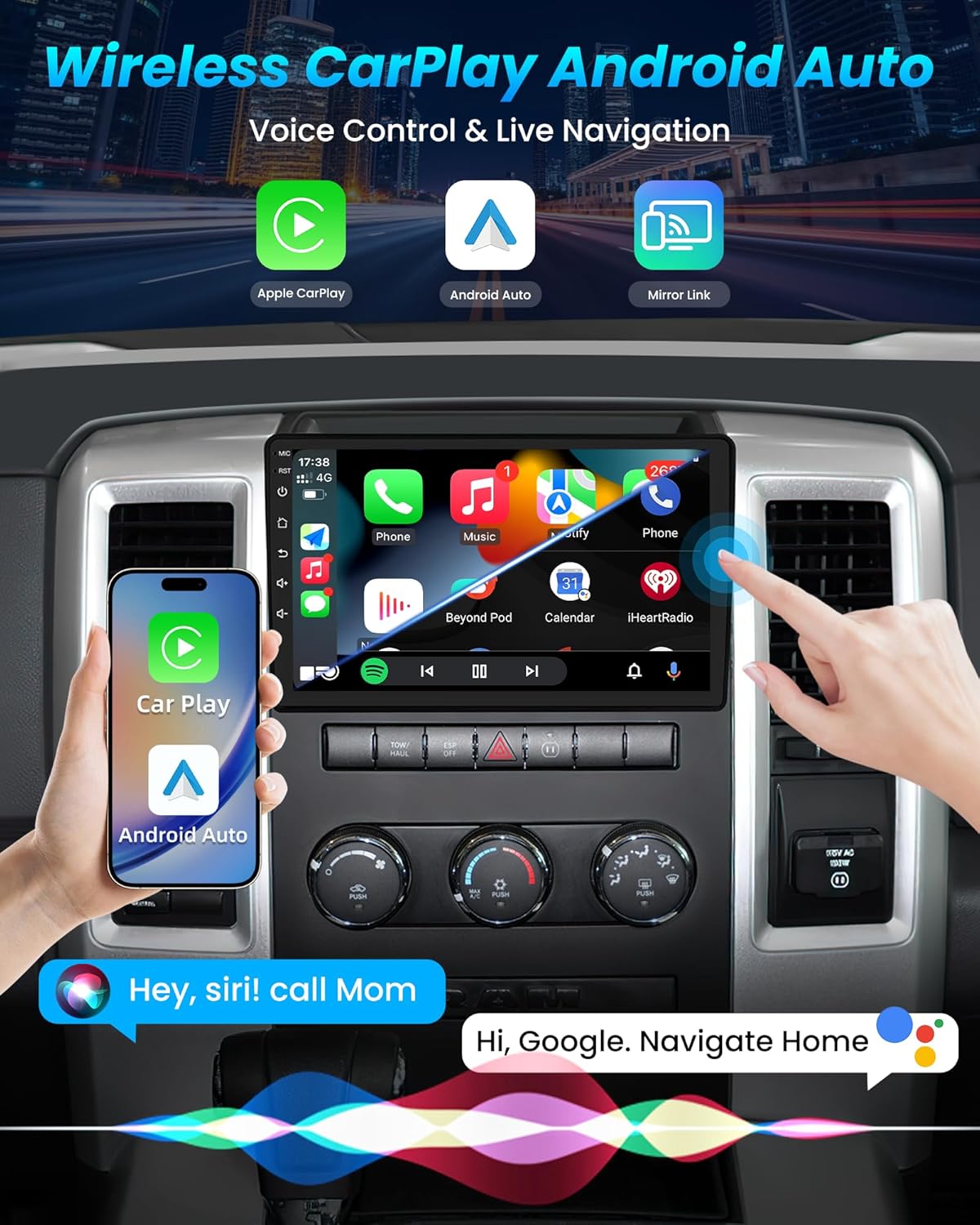 8Core Car Radio for Dodge RAM 1500 2500 3500 2009-2012: Wireless CarPlay & Android Auto 10" HD Touchscreen 5G WiFi Bluetooth GPS RDS FM Mirror Link SWC 1080P Backup Camera Split Screen