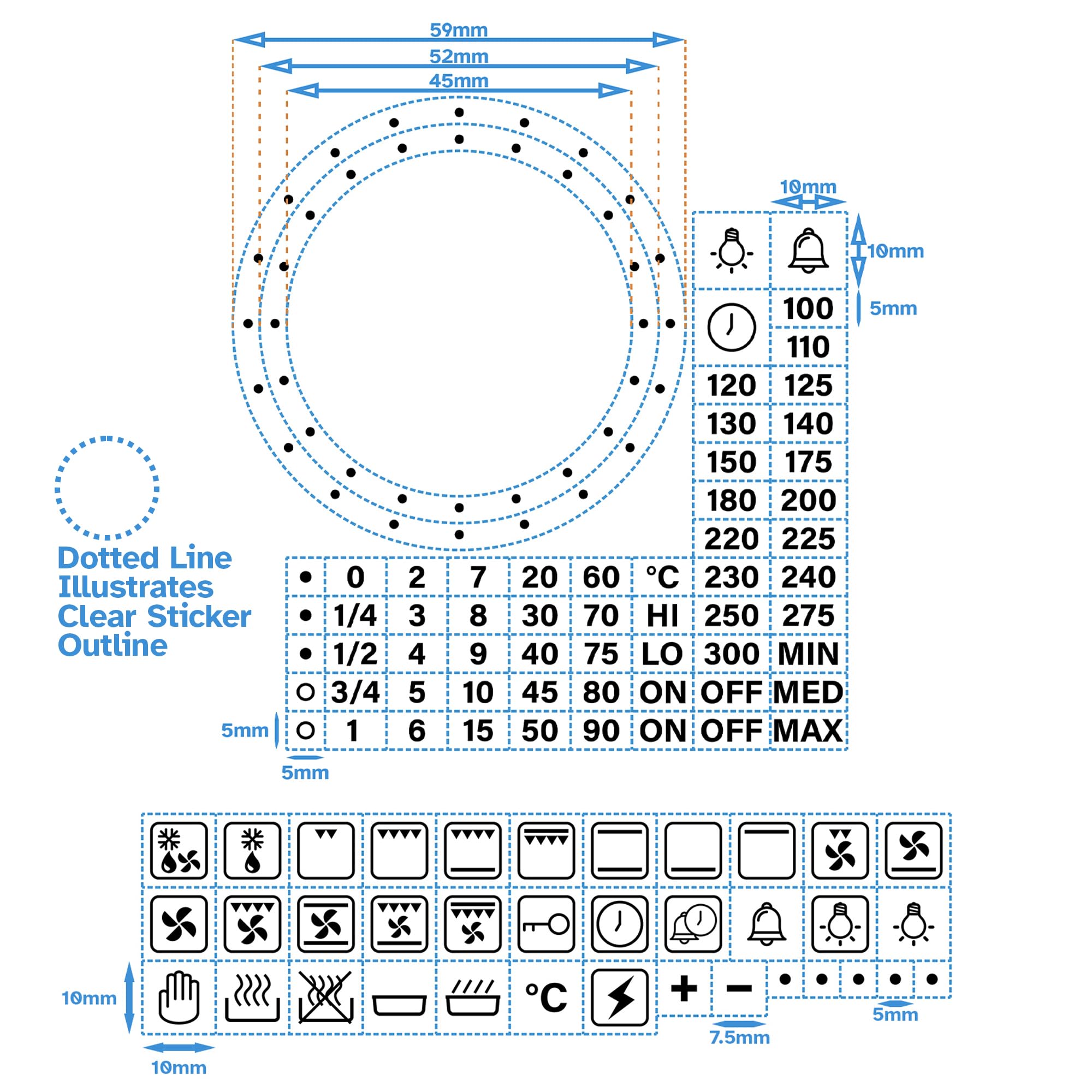 HALLMERS 36x Symbols + 45mm 52mm Dotted Dial Separate Custom Timer Oven Temperature Decal Celcius Control Panel Labels (Black Print Clear Adhesive) Replacement Sticker Temp Knob Electric Gas Grill
