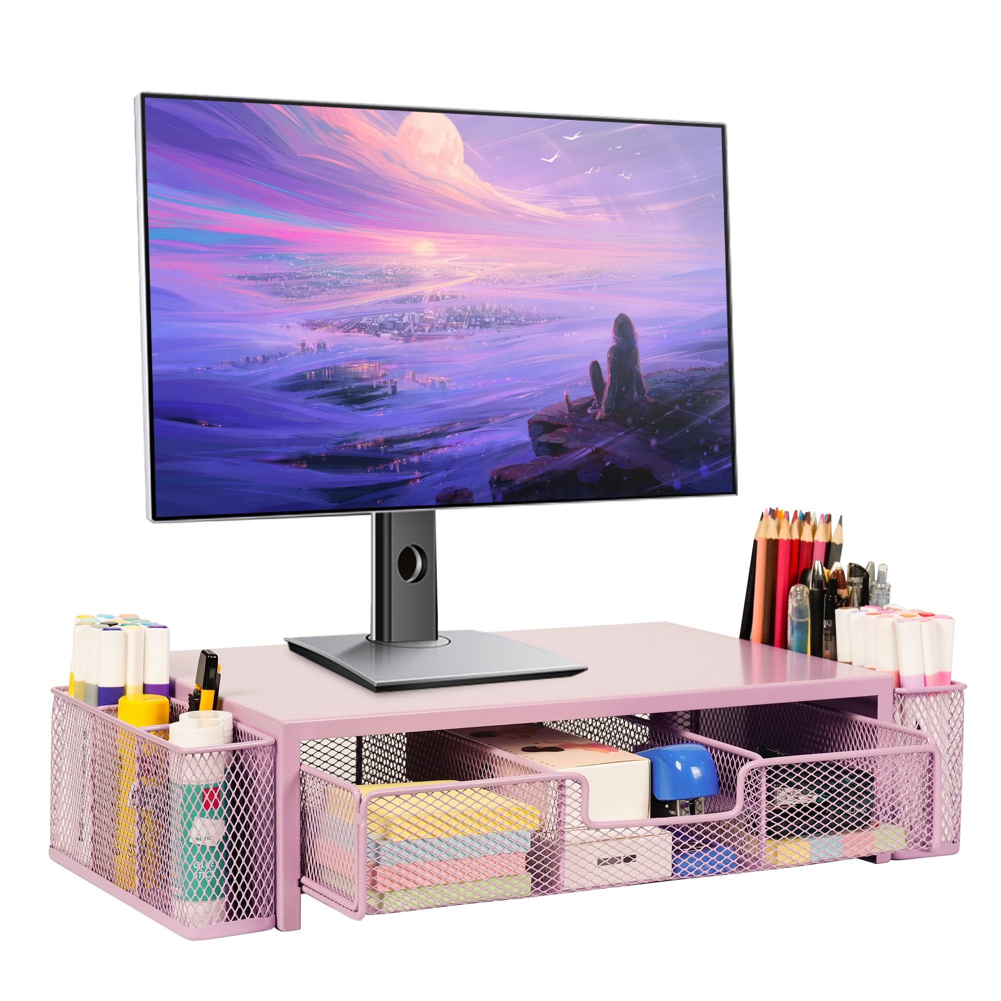 Qupui Supporto per monitor del computer con cassetto e portapenne, organizer da scrivania e accessori, accessori da scrivania per ufficio, organizzazione ufficio, rosa
