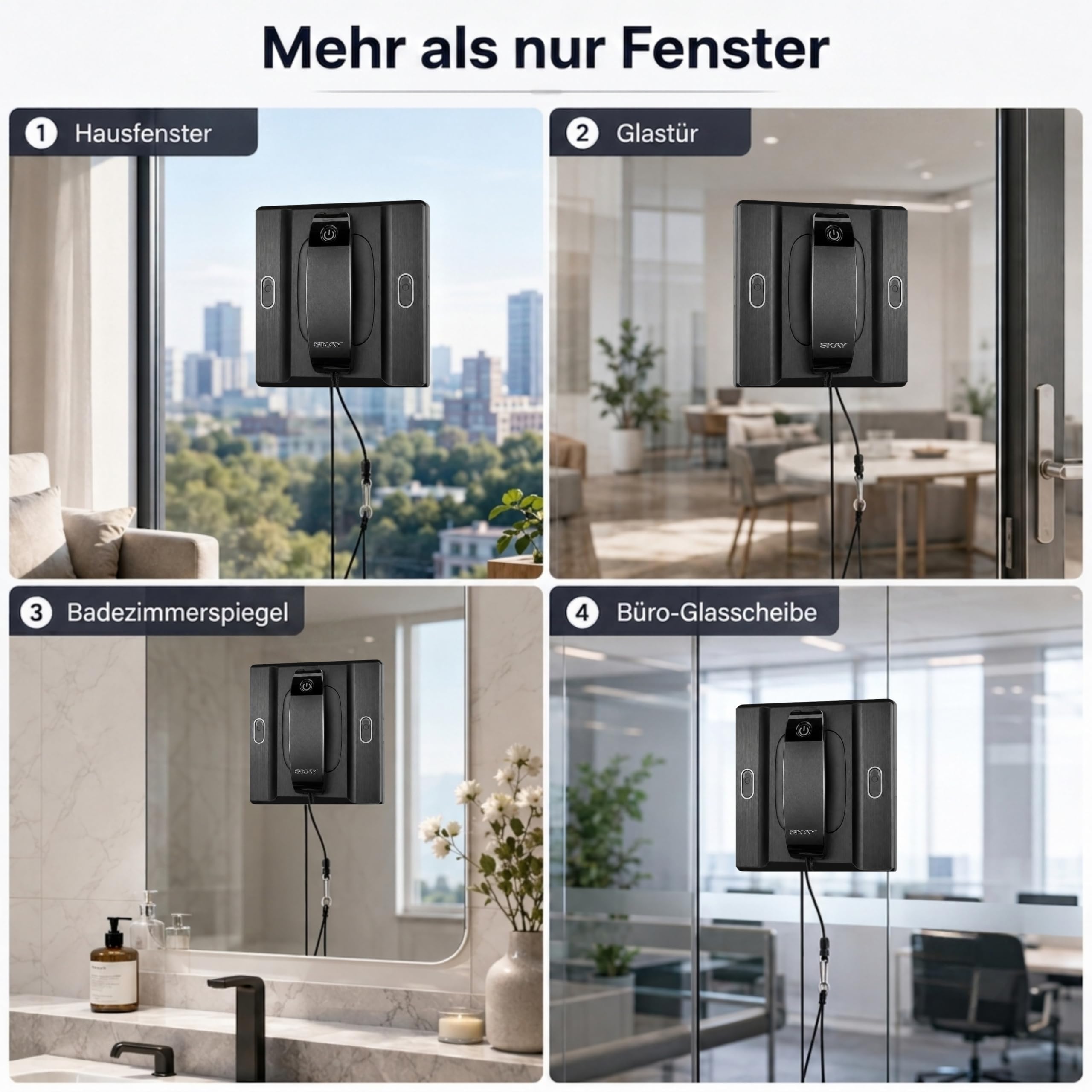 SKAY M82-KI Fensterputzroboter, KI-Navigation, Automatischer Fensterreiniger mit 6-Düsen Sprühsystem & Doppeltank 100ml, App & Fernsteuerung, 4 Reinigungsmodi, <60dB Leise, für Fenster Spiegel Fliesen