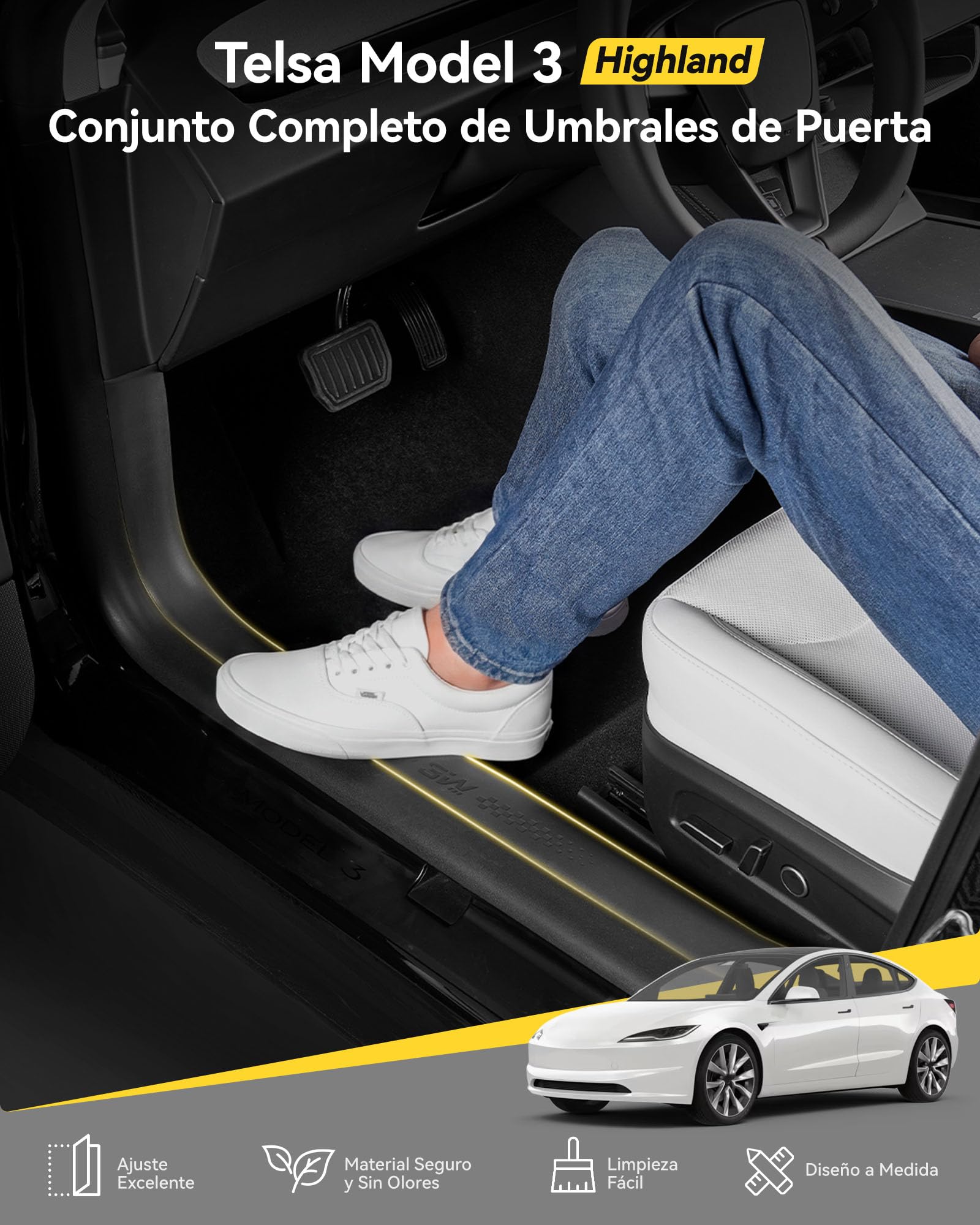 3W 5 piezas de protección de umbral de puerta para Tesla Model 3 Highland 2024-2026 Pedal de puerta delantera y trasera y espacio de carga, protección contra chispas TPE, protección contra chispas en