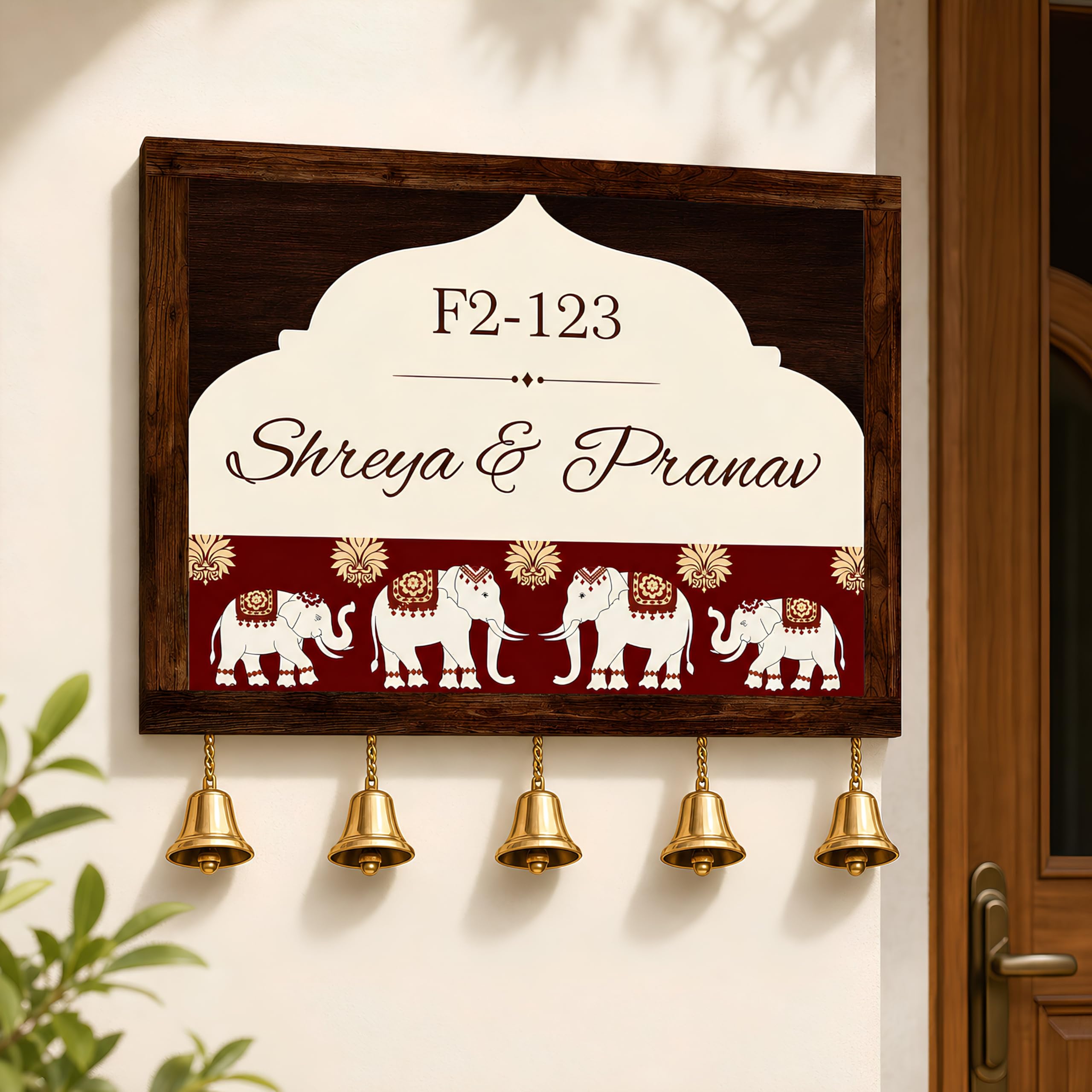 CraftLovers Personalized Wooden Name Plate for Home Entrance Outdoor - 15.5 x 11.5 Inches - UV Printed MDF Wood Custom Name Sign with 5 Rust-Free Bells - Designer Floral Lotus Nameplate for Office & Main Door Decor (Design5)-image-5