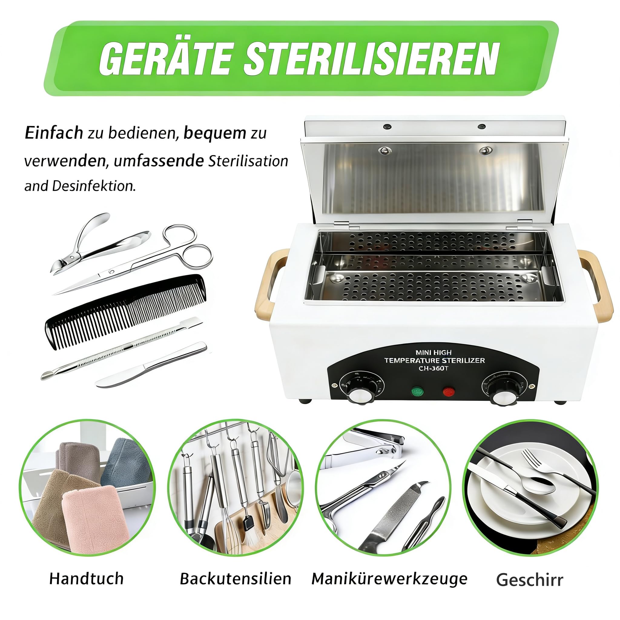 Heißluftsterilisator 1,5L 300W, Trockene Hitze Sterilisatoren für Nagelwerkzeuge 200°C mit Timer & Kontrollleuchte, Hochtemperatur Desinfektionsgerät für Metall Nagelwerkzeuge im Nagelstudio