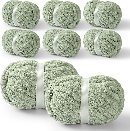 YUBAMIN Paquete de 8 hilos gruesos de felpilla jumbo, 72 onzas, 245 yardas, color verde salvia para tejer a ganchillo, manualidades y mantas, hilo