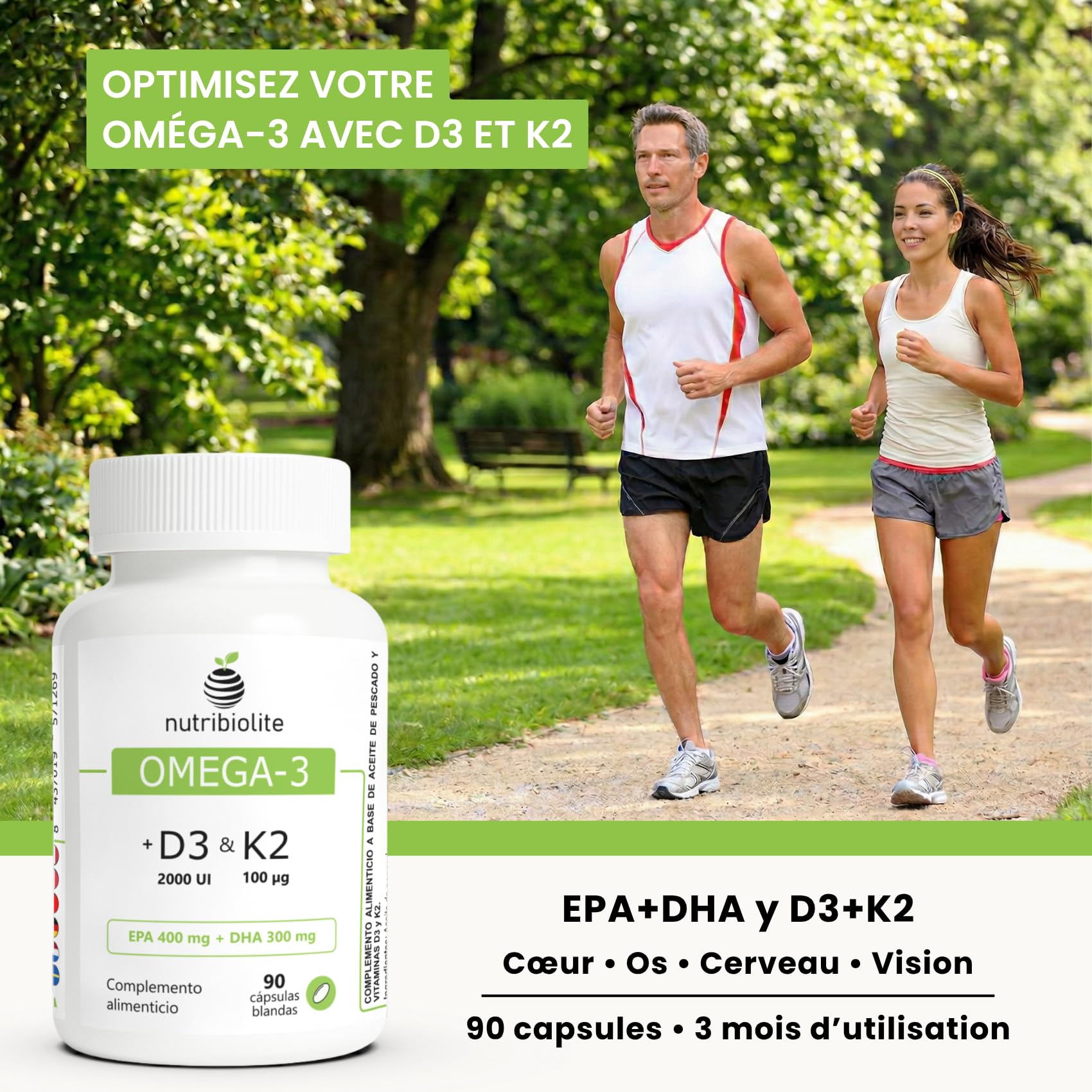 Omega 3 D3 K2 - Huile de Poisson 1000 mg - 80% d’Oméga 3 en triglycérides TG (EPA 400 mg + DHA 300 mg) + Vitamine D3 2000 UI et K2 MK-7 All-Trans 100 mcg - 90 capsules molles - 3 mois | Nutribiolite