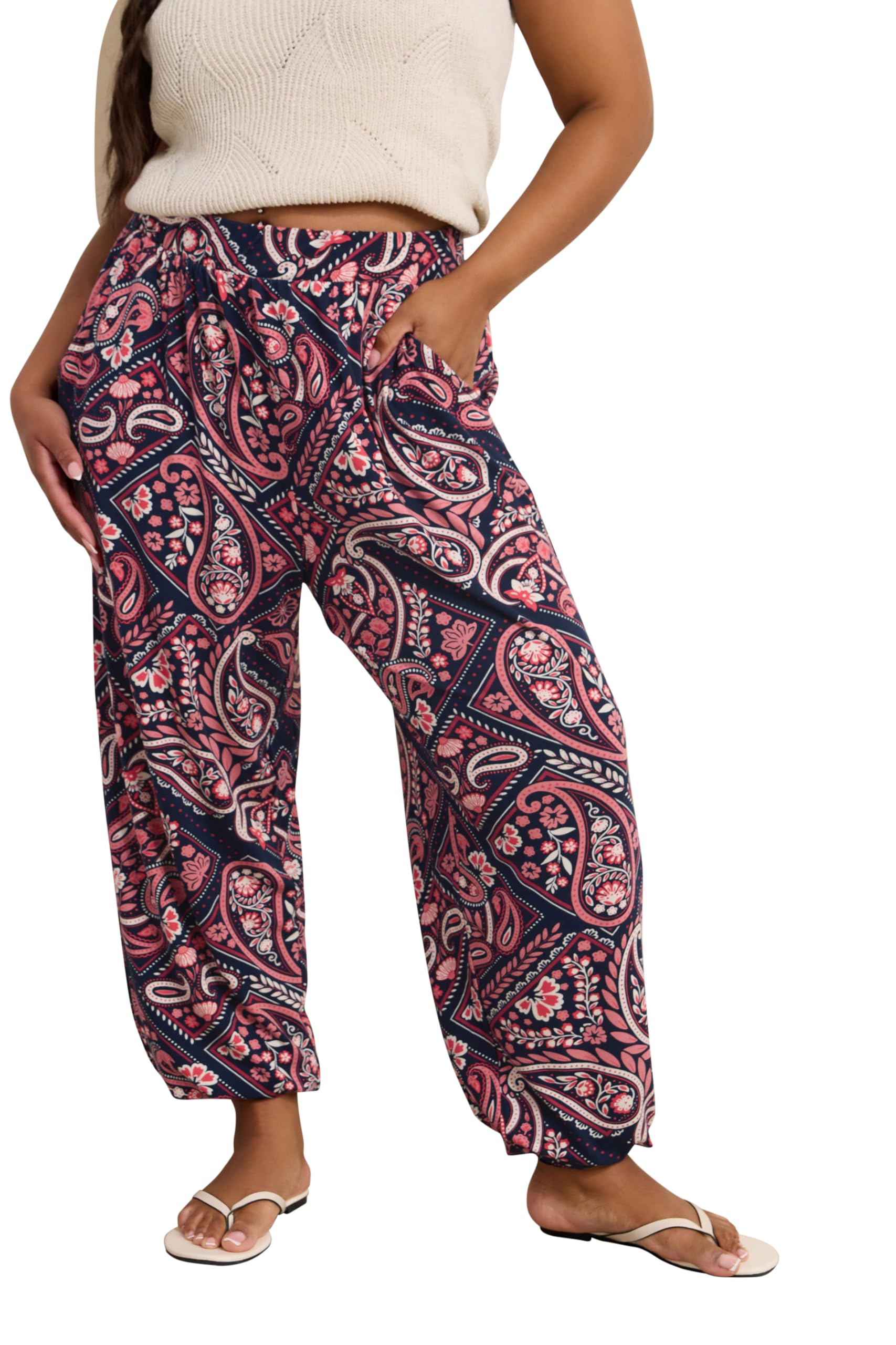 Yours Curve Blue Paisley Print Harem Trousers - Women's - Plus Size Curve