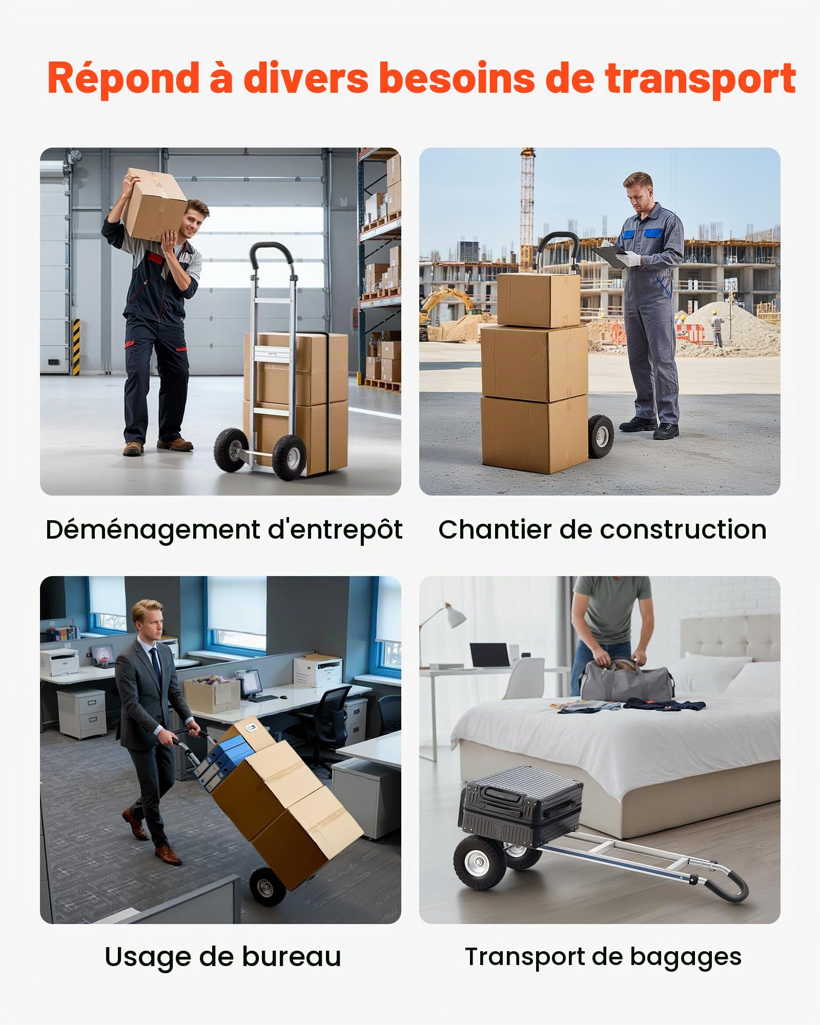 VEVOR Diable Déménagement Capacité de Charge 226,9 kg Diable Robuste Portable en Alliage Aluminium avec Roues, Poignée Antidérapante, Sangle d'Arrimage, pour Manutention Domicile Bureau Entrepôt