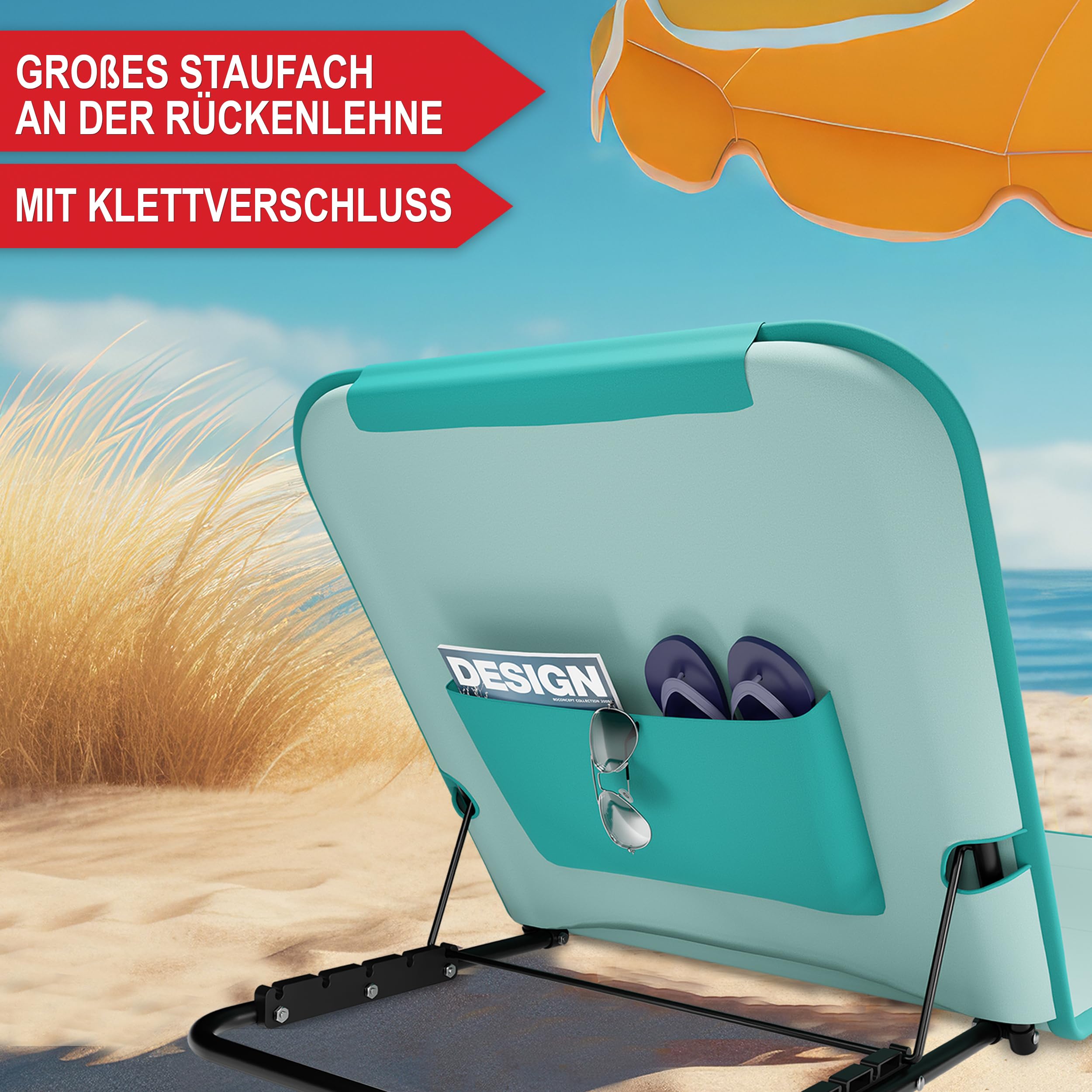 Onbest Bequeme Strandliege 165 cm lang - mit Verstellbarer Rückenlehne und Liegekissen – praktisches Staufach – Strandmatte klappbar – Leichter Transport – inkl. Tragetasche - Strandmatte (Türkis)