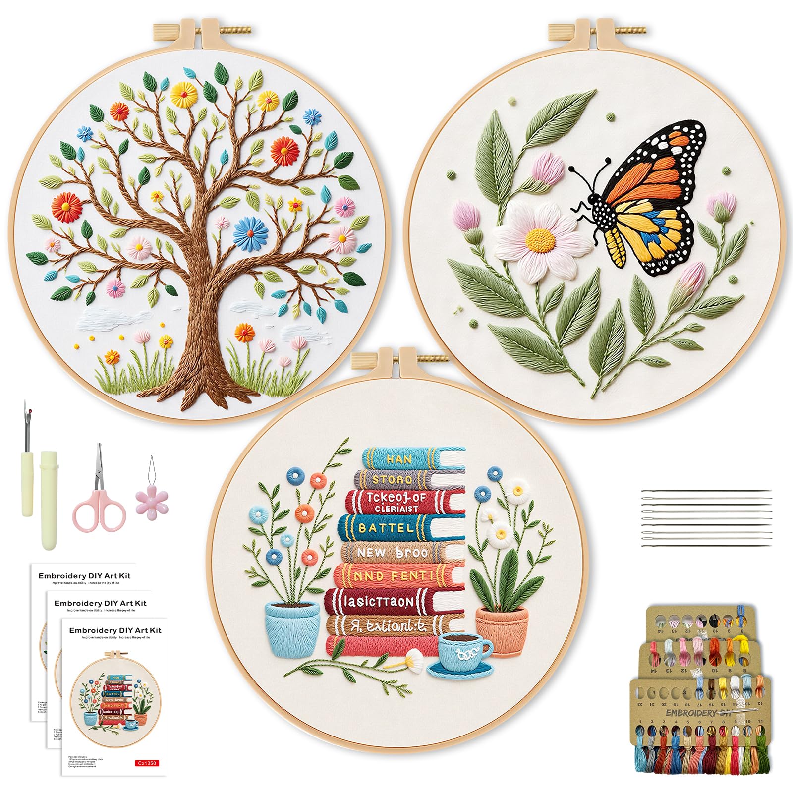 WIVLAX Stickset für Anfänger und Erwachsene, 3-teiliges Bastelset zum Selbermachen mit Schmetterlings-, Buch- und Blumenmustern, Reifen, Faden, Nadeln, einzigartiges achtsames Nähgeschenk für Frauen