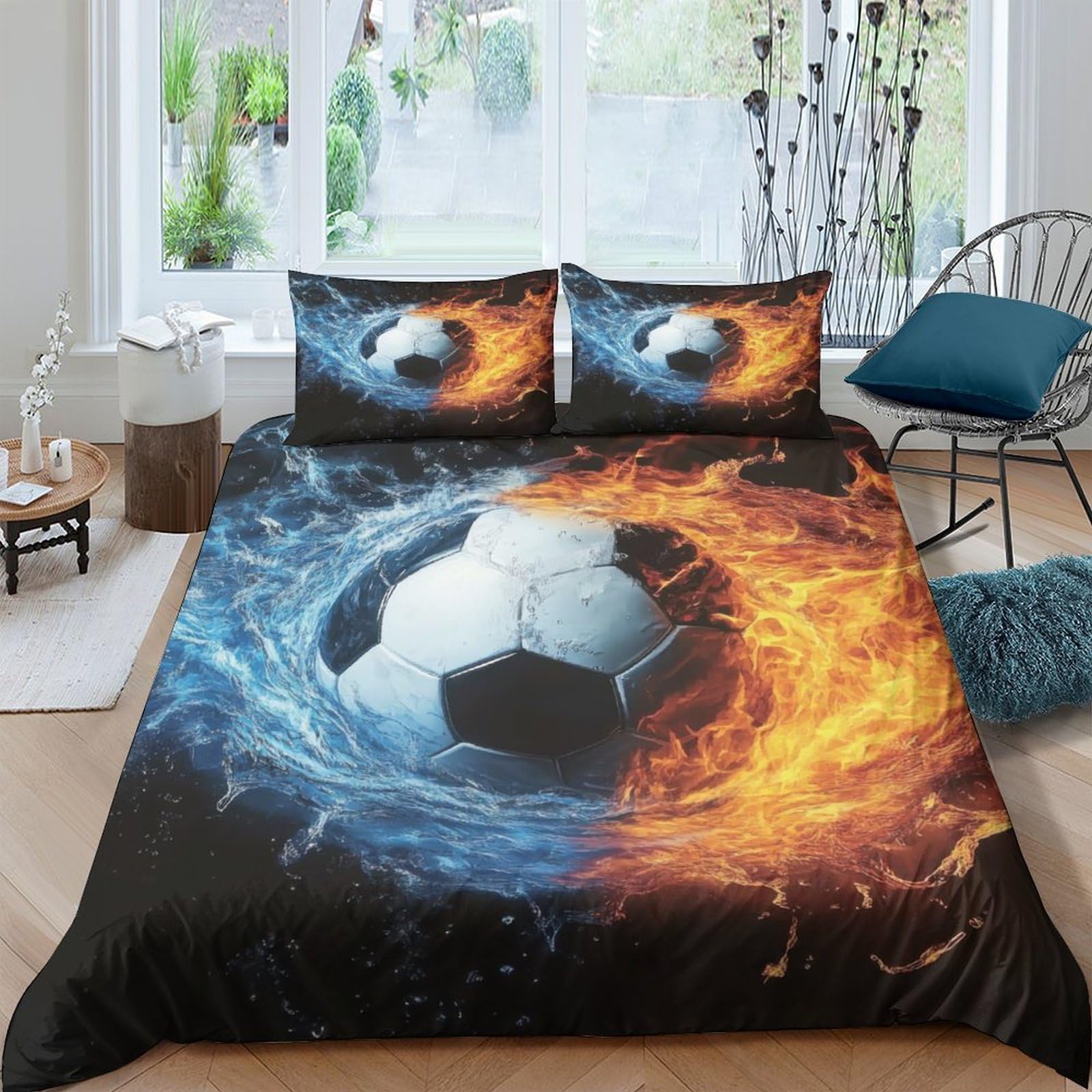 Ctjqhvkz Style-1 3D Printed Fire Water Soccer Fitted Sheet Microfiber Soft Bed Cover For Bedroom Dorm Easy Care Mattress Decor Single（135X200cm）