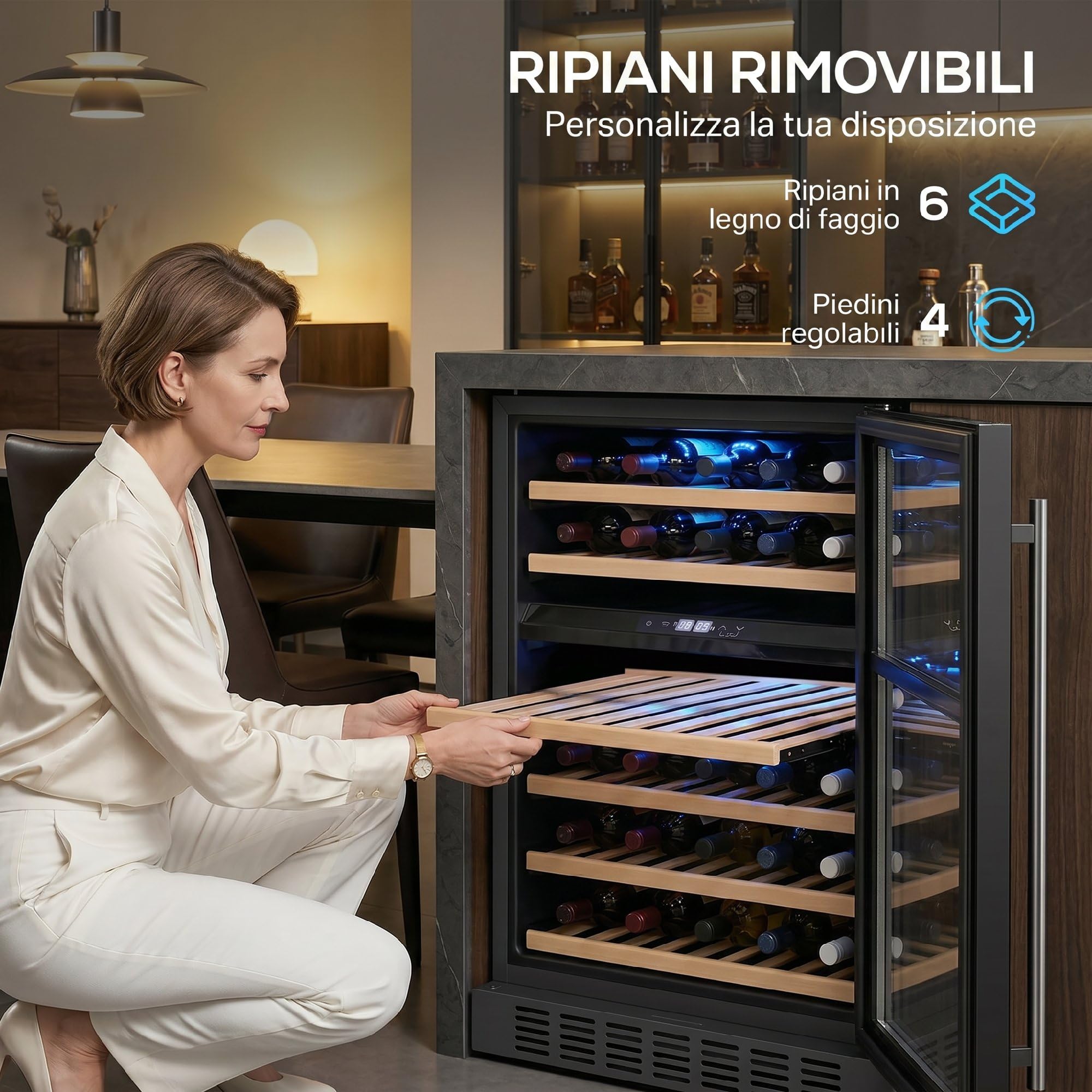 HOMCOM Cantinetta Vino Doppia Temperatura 46 Bottiglie 131L Cantina Vino Frigo Bar Refrigerata Sottopiano Silenziosa 5-18℃, Triplo Vetro Anti UV, Ripiani Regolabili Legno, Display Touch, LED, Classe F
