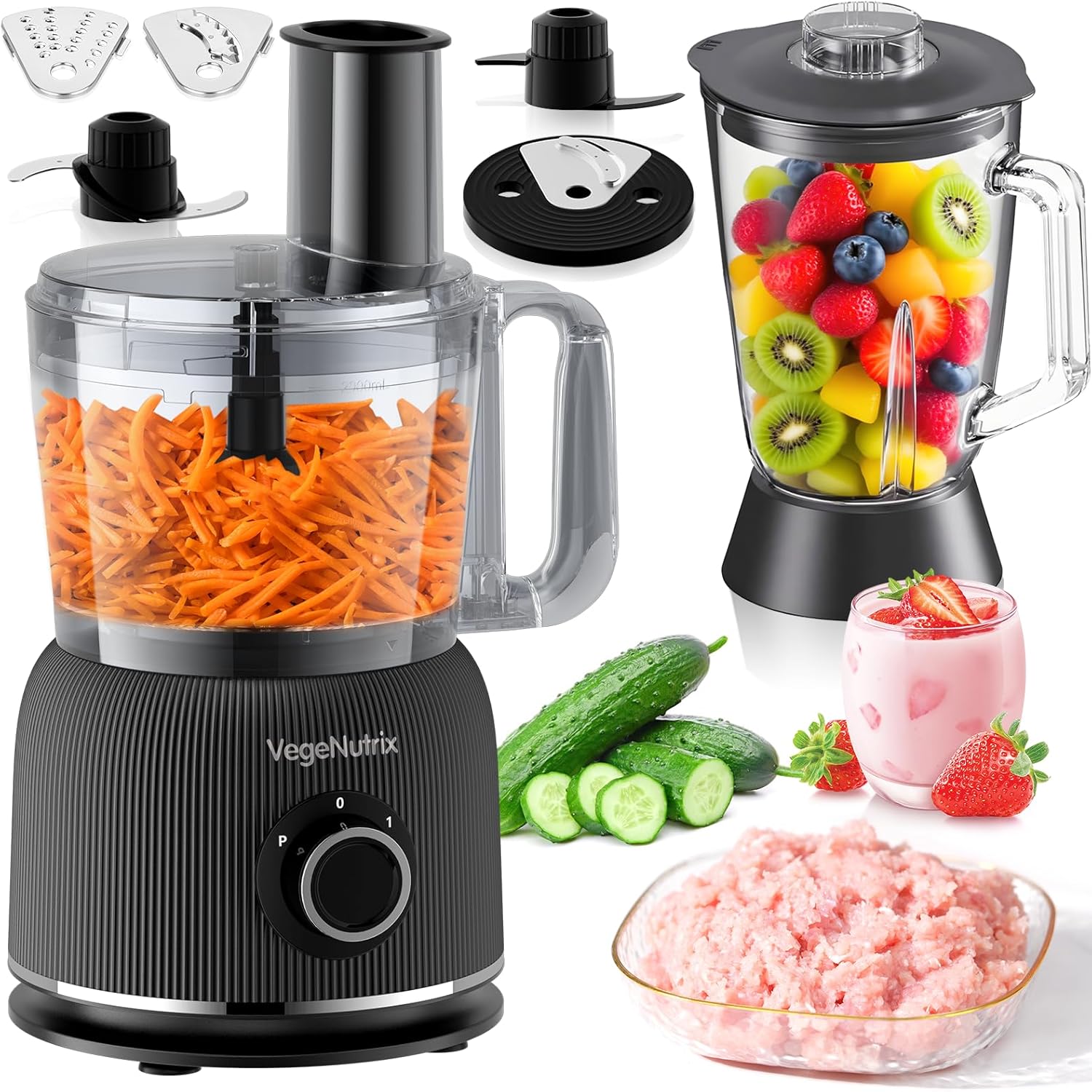 Food Processor and Blender Combo, 88 oz Food Chopper for Meat, Vegetable and Dough, 70 oz 600W Glass Jar Blender with 2 Speeds and Pulse for Smoothie, Nutrient Extractions, and More
