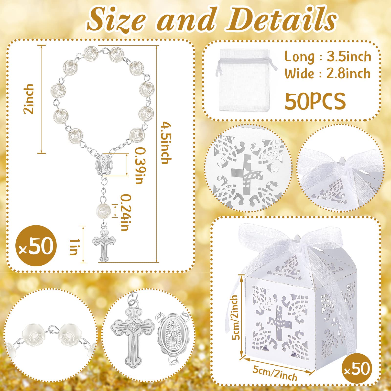 50 Paquets 150 Pièces Cadeau pour Bapteme Invité Souvenir Communion 50 Mini Chapelet Catholique avec 50 Sacs en Organza 50 Boîte à Dragées pour Baptême Communion Mariage