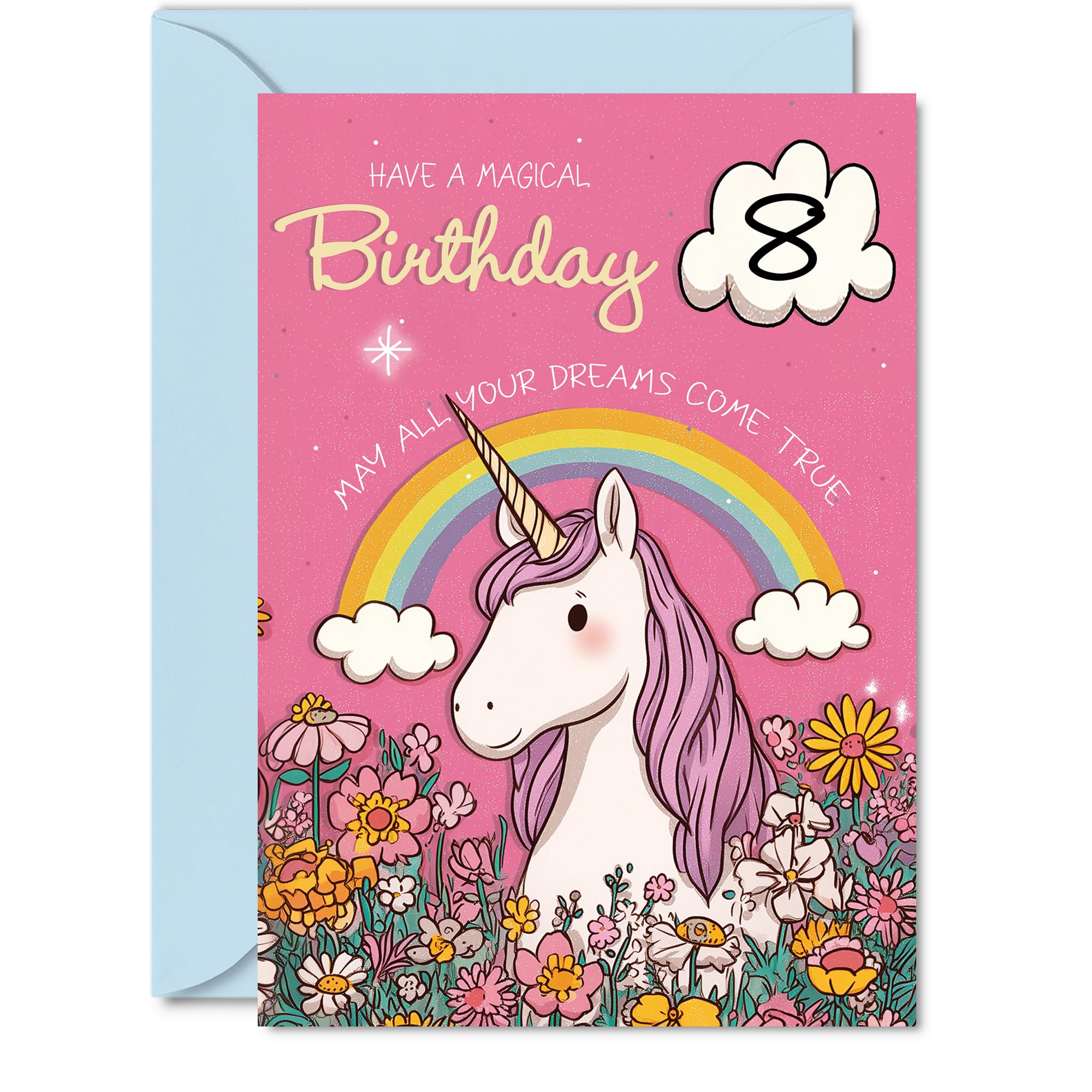 Cute 8th Birthday Card - Sprinkle a Little Magic - Whimsical Unicorn, Rainbow and Flowers Design - Bursting with Cheerful Colour and Sparkle - 5x7 Inch, Envelope Included